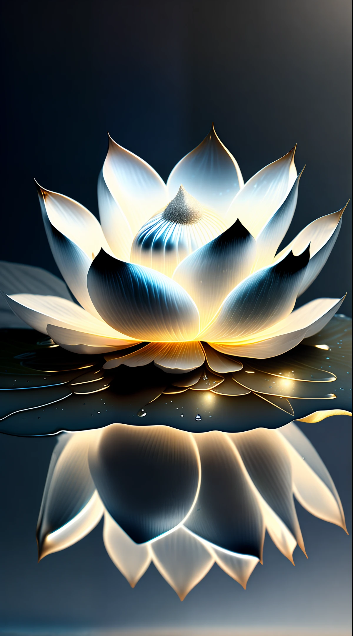 Lotus, Ultra Clear, Holy Light, Beautiful Spectral Light, Petal Glow, Dark Background, Clear Water Droplets, Reflected Light, Bright, Light Flowing In, Optics, Portrait Outline, Sharp Focus, Amazing, Intricate, Ultra Realistic, Illusory, Composition, Stunning on Artstation, Pearl, Pearl, Pearl, Pearl, Pearl, Pearl, Pearl, Pearl, Parlonus's Silver Steam Cloud, Corrosive Envelope Ray Family, 8k, Ureal AR 23v4 Ullight