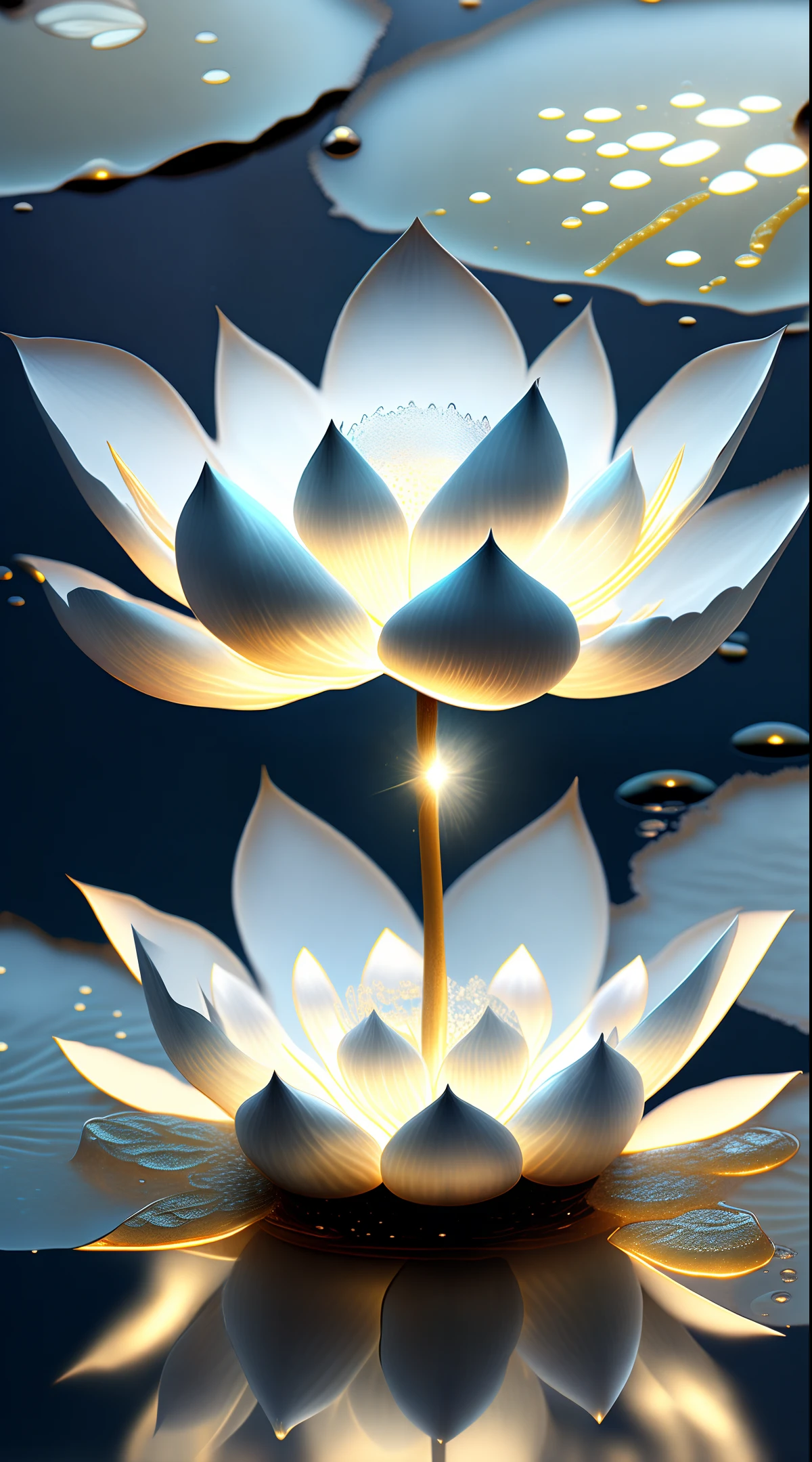 Lotus, Ultra Clear, Holy Light, Beautiful Spectral Light, Petal Glow, Dark Background, Clear Water Droplets, Reflected Light, Bright, Light Flowing In, Optics, Portrait Outline, Sharp Focus, Amazing, Intricate, Ultra Realistic, Illusory, Composition, Stunning on Artstation, Pearl, Pearl, Pearl, Pearl, Pearl, Pearl, Pearl, Pearl, Parlonus's Silver Steam Cloud, Corrosive Envelope Ray Family, 8k, Ureal AR 23v4 Ullight