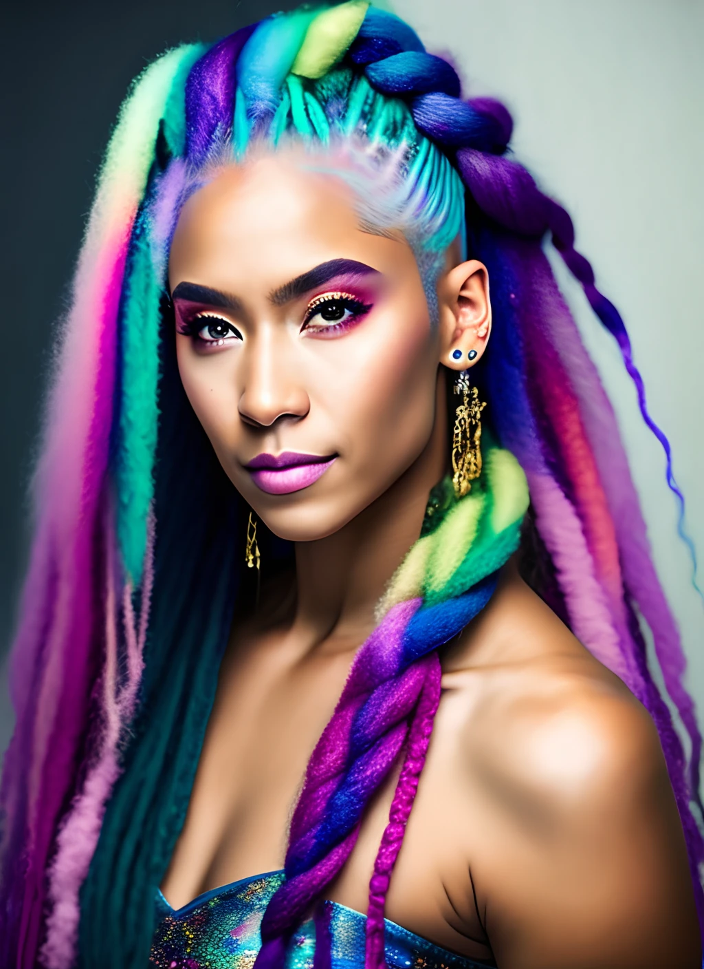 a beautiful fairy with pastel rainbow hair, with a voluminous hairstyle of braids and jewelry, with perfect radiant skin, looks over her shoulder, sparks of magic around, hyperrealism, aesthetically pleasing, gentle, professional photo, cold studio light, 30mm lens, realistic, f/2.8