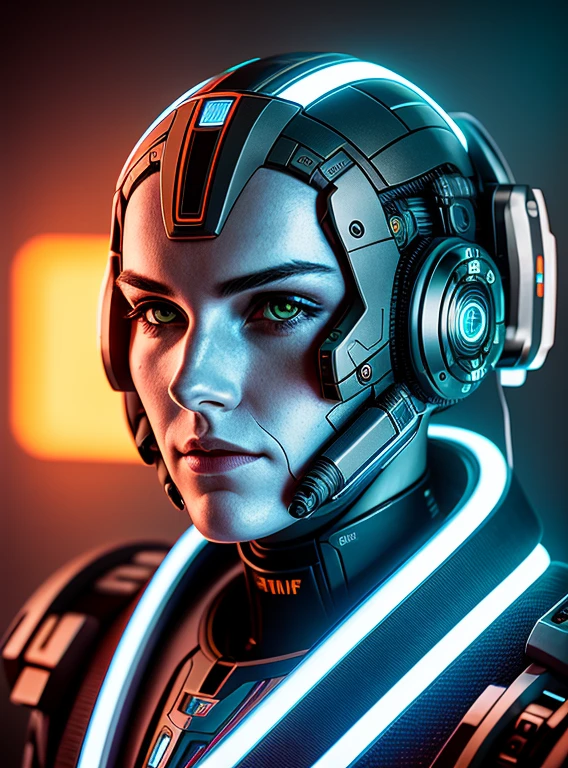 a portrait of a cyborg, futuristic, mechanical, robotic, powerful, detailed face, high details, photography, neon light, Fujifilm X-T4, 35mm, f/1.4