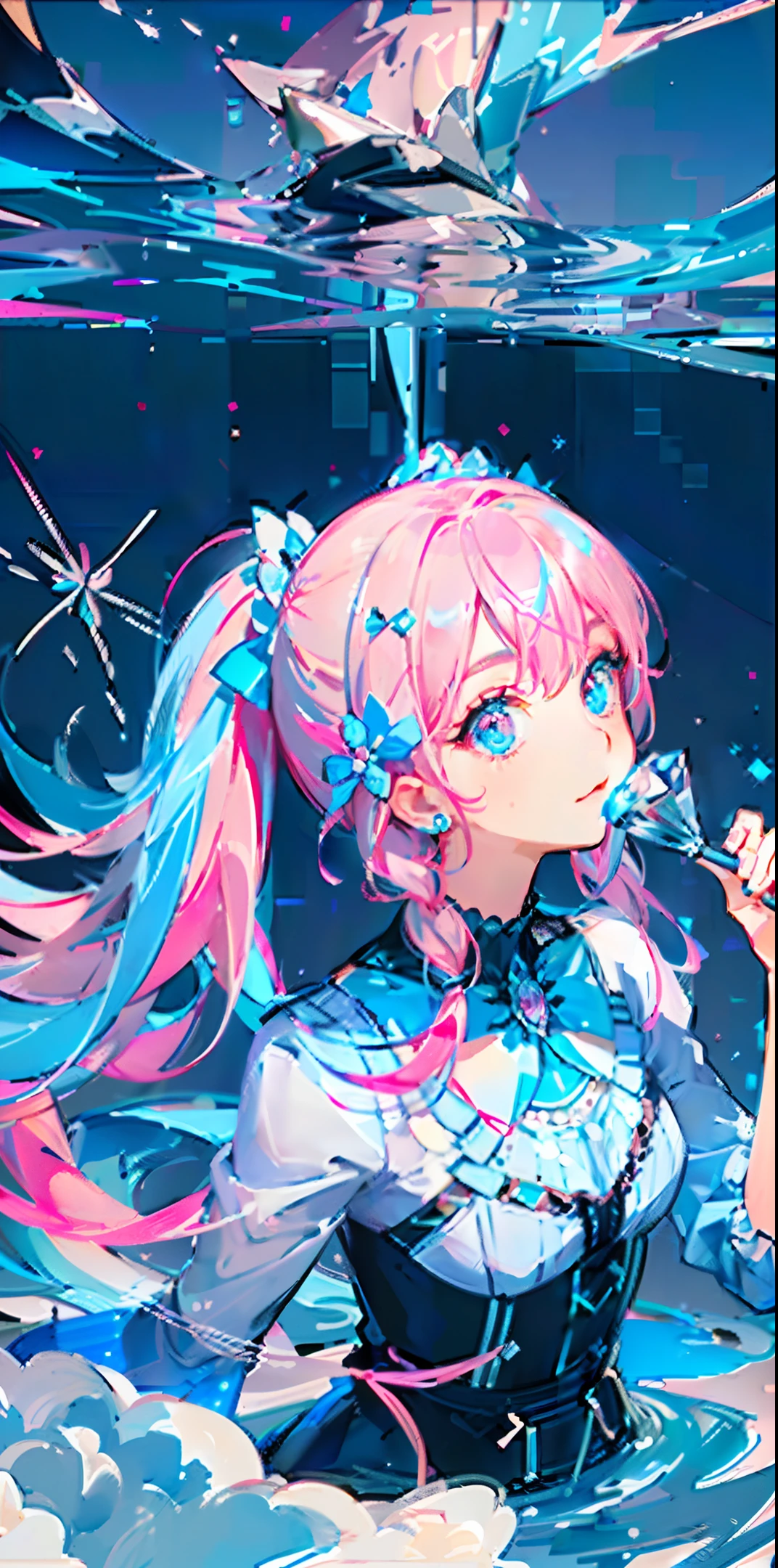 (Two-forked pigtails: half pink, the other half light blue secret two-tone), center of the figure, close-up, dynamic composition, water, sea, crystal, jewelry, masterpiece, delicate face, high quality