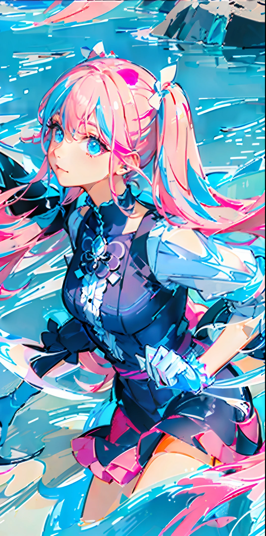(Two-forked pigtails: half pink, the other half light blue secret two-tone), center of the figure, close-up, dynamic composition, water, sea, crystal, jewelry, masterpiece, delicate face, high quality