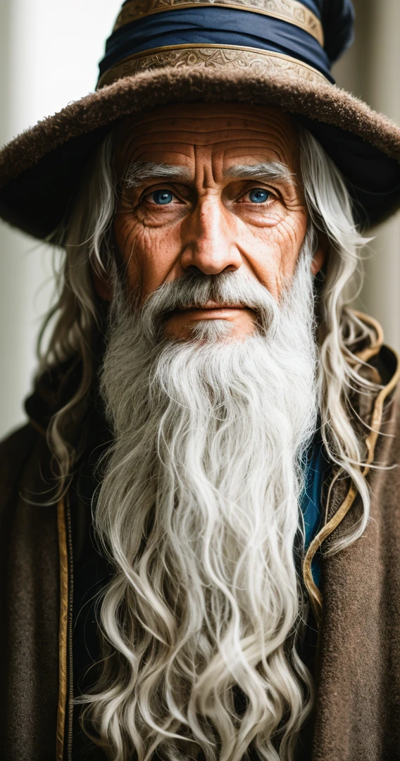 A portrait of a wizard, bearded, wrinkled, weathered, with piercing eyes, detailed face, high details, photography, natural light, Nikon D850, 50mm, f/1.4