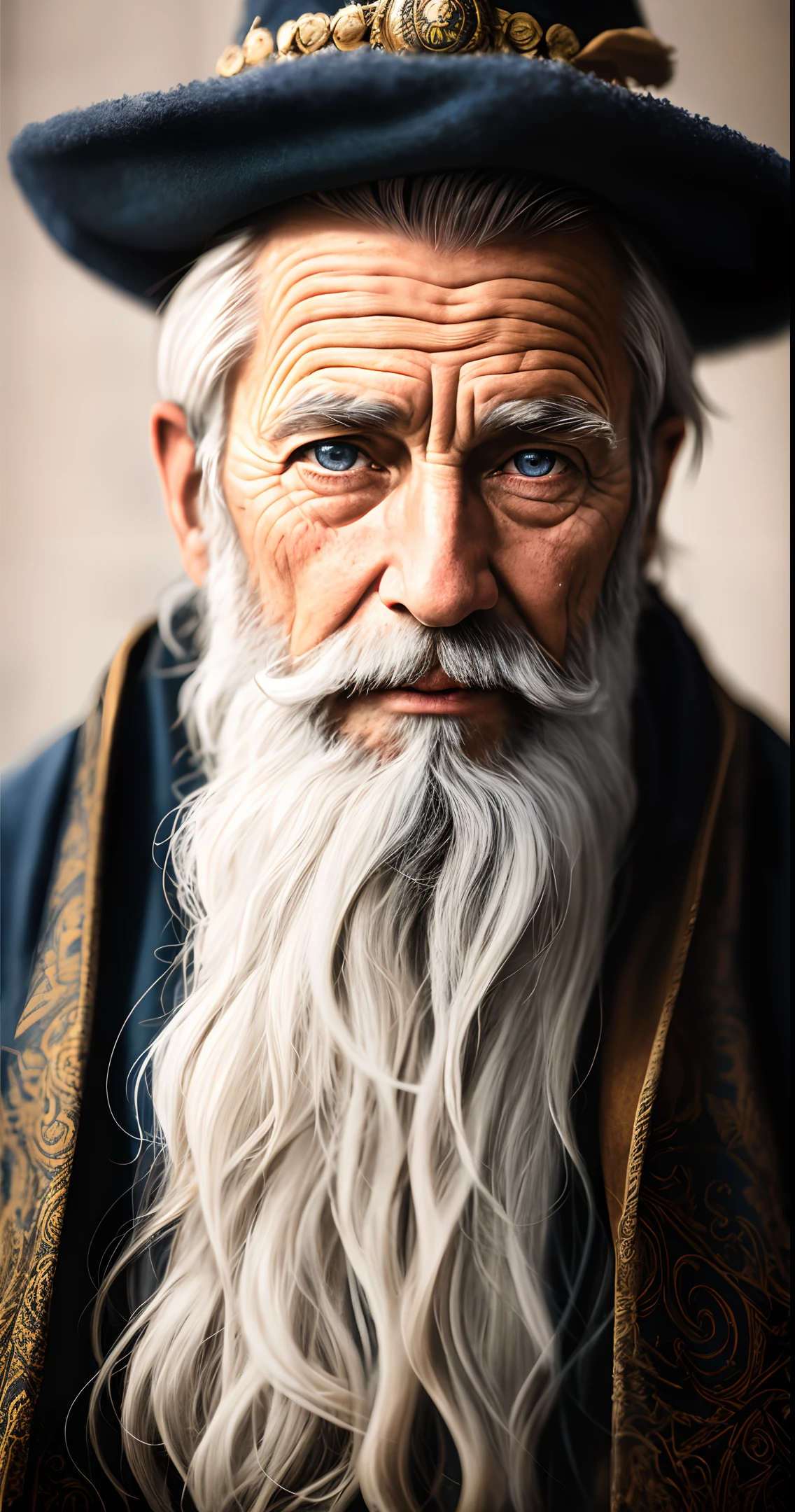 A portrait of a wizard, bearded, wrinkled, weathered, with piercing eyes, detailed face, high details, photography, natural light, Nikon D850, 50mm, f/1.4