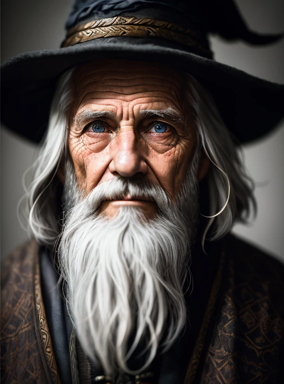 A portrait of a wizard, bearded, wrinkled, weathered, with piercing eyes, detailed face, high details, photography, dark studio, rim light, Nikon D850, 50mm, f/1.4