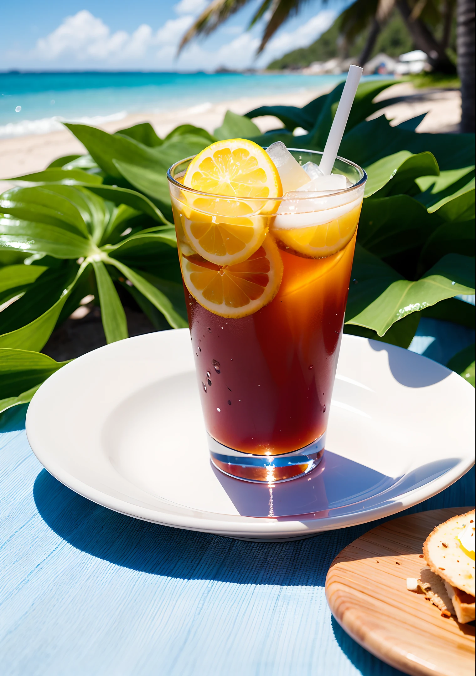 Macro photography depicting a picnic scene with the theme of a summer tropical beach vacation. The protagonists of this picture are two cool glasses filled with iced carbonated drinks. The camera focuses on glasses, fruit, dazzling midday sunlight, fisheye footage, distant views, a hearty meal, (splashed liquid: 1.6), ice cubes, (picnic scene: 0.5) (lovely dessert: 0.4), dripping water. The edge of the picture is the girl's glowing thighs, filled with carbonated drinks, translucent liquids, daytime outdoor lights (beach 1.5), tropical plants, hot weather, high detail, wet watermarks, ultra-detail, movies, surrealism, soft light, deep-field focused bokeh, light tracking, diffuse reflection (ultra-fine glass reflection), ultrafine glass film, surrealism,