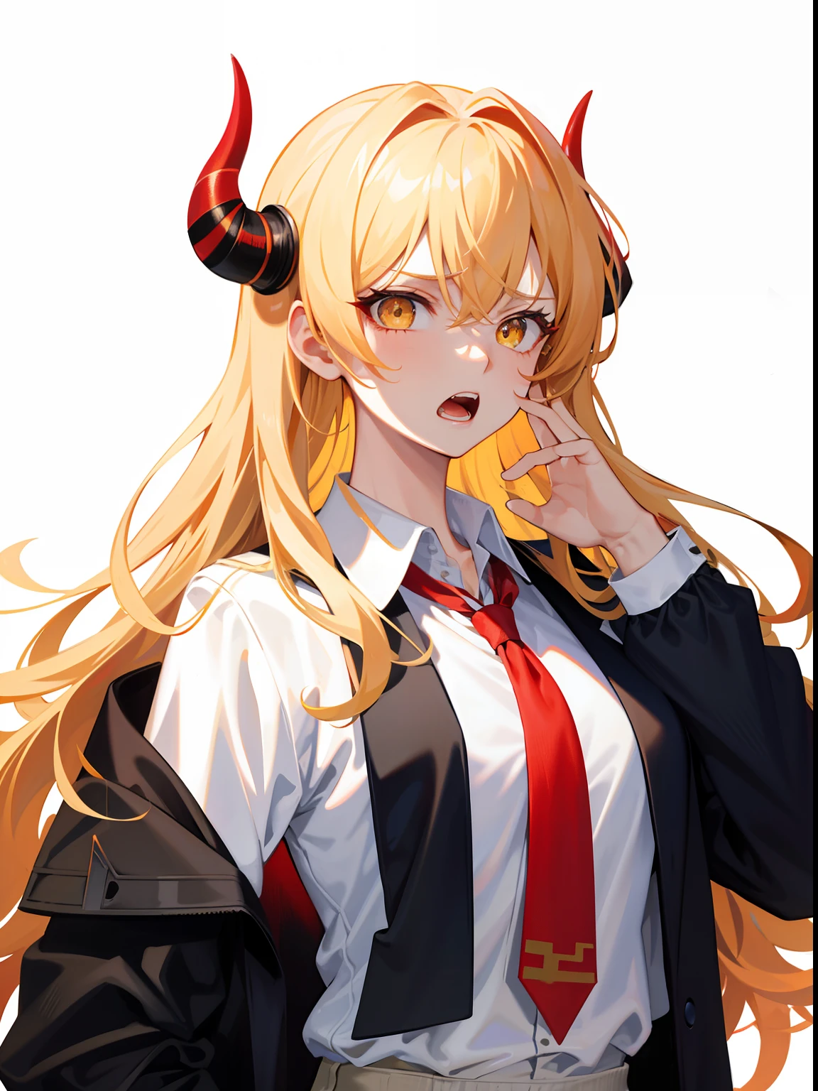 (masterpiece), (top quality), (disheveled hair), (illustration), (girl), standing, looking at the viewer, beautiful_detailed_eyes, delicate facial, slim, upper body, red horns, blond hair, yellow eyes, white shirt, black tie, angry, open mouth, screaming, left hand, screaming, left hand,