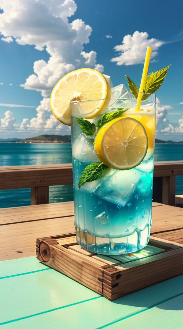 (Chinese beauty) A soft drink made of coconut juice, ice cubes, and coconut juice. Milky white turns white. Very cool. There are colored straws and ice cubes, placed on green leaves, outdoors, a clear blue sky, beautiful clouds