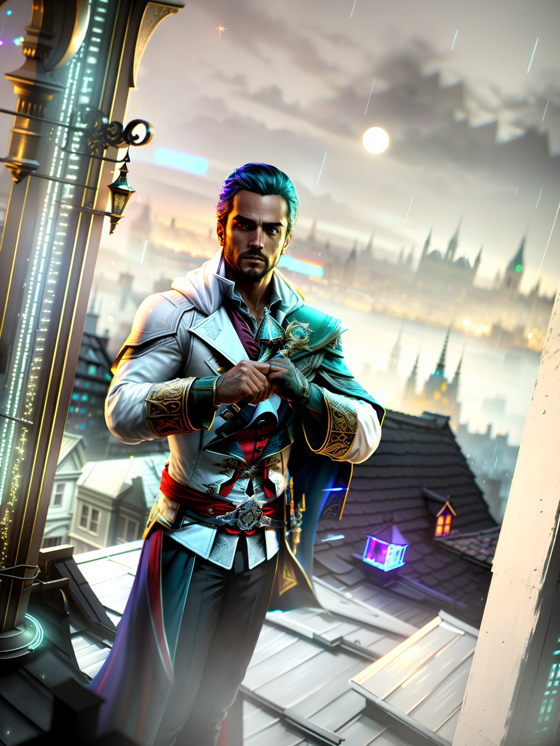 An award winning master piece photo of a riped lean man, assassins creed clothes(Eizo), detailed cape, shoulders uncovered, big shoulders, standing in a roof at night in the rain, moon on the sky ,neon-colored buildings, 8k, (high quality:1.1), (cinematic feeling:1.1), dark deep shadows, incredibly intricate detailing, art , (up close:1.1), from above, looking at viewer, (light sparkles:1.1), (chromatic aberration,:1.2)