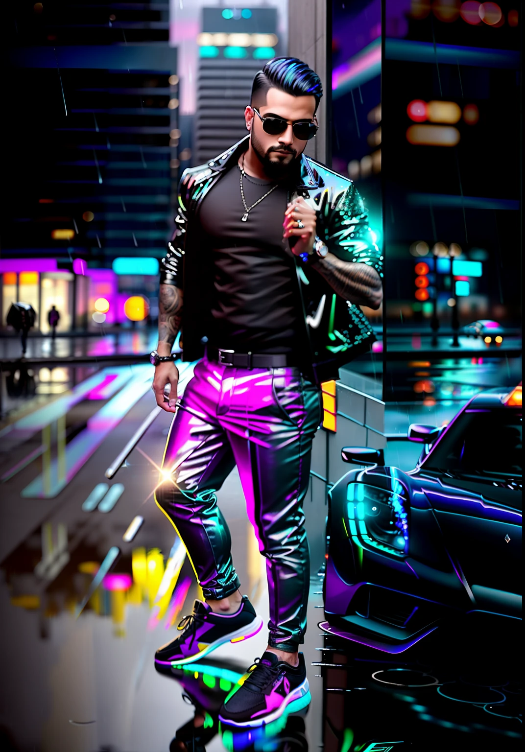 An award winning master piece photo of a lean riped man with black pants and shoes, standing in the city (at night) (in the rain), buildings glowing, puddles mirror like reflection, neon-colored, flying cars in the sky, futuristic cars, 8k, (high quality:1.1), (cinematic feeling:1.1), dark deep shadows, incredibly intricate detailing, art , (up close:1.1), from above, looking at viewer, (light sparkles:1.1), (chromatic aberration,:1.2),
rain, puddles, ray tracing, reflection