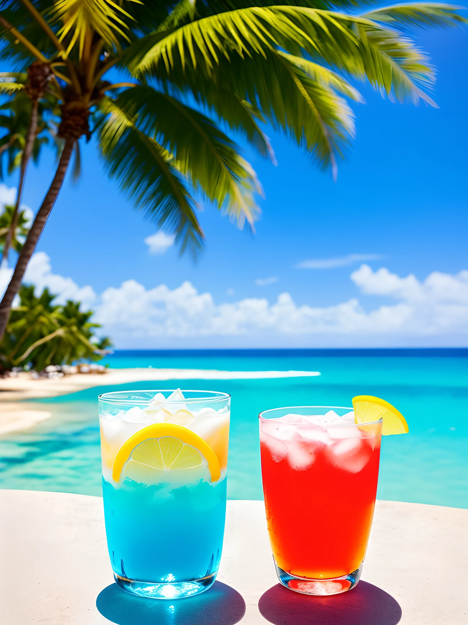 Three-stage composition: the close-up view is a glass cup, the middle view is the beach and a girl swimming, the view in the distance is the sea, the highest light, the highest quality, the sun at noon, diffuse reflection, surrealism. Macro photography depicts a picnic scene with the theme of a summer tropical beach vacation. The protagonists of this picture are two cool glasses filled with iced carbonated drinks. The camera focuses on glasses, fruit, dazzling midday sunlight, fisheye footage, distant views, a hearty meal, (splashed liquid: 1.6), ice cubes, (picnic scene: 0.5) (lovely dessert: 0.4), dripping water. The edge of the picture is the girl's glowing thighs, filled with carbonated drinks, translucent liquids, daytime outdoor lights (beach 1.5), tropical plants, hot weather, high-definition details, wet watermarks, ultra-detail, movies, surrealism, soft light, deep-field focused bokeh, light tracking, diffuse reflection (ultra-fine glass reflection), surrealism.