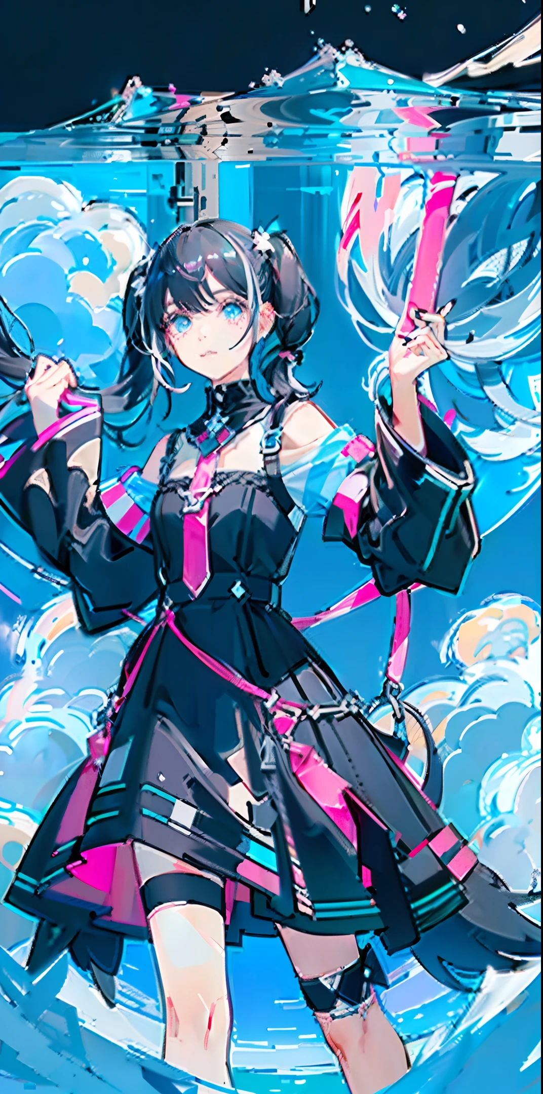 Two-pronged pigtails: black: half black with pink, the other half black (black mixed with sky blue), center of the figure, dynamic composition, water, sea, crystal, jewelry, masterpiece, delicate face, high quality