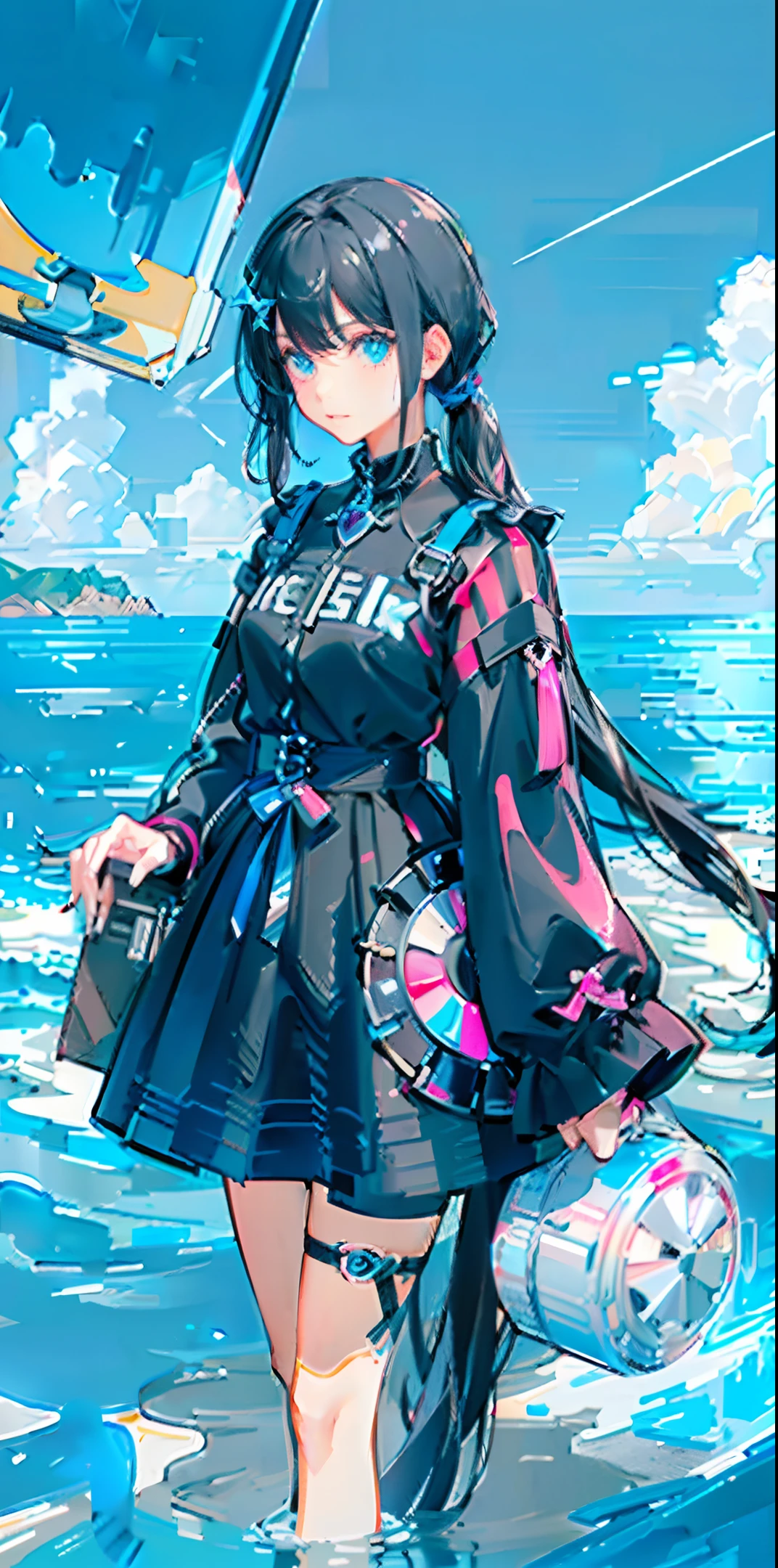 Two-pronged pigtails: black: half black with pink, the other half black (black mixed with sky blue), center of the figure, dynamic composition, water, sea, crystal, jewelry, masterpiece, delicate face, high quality