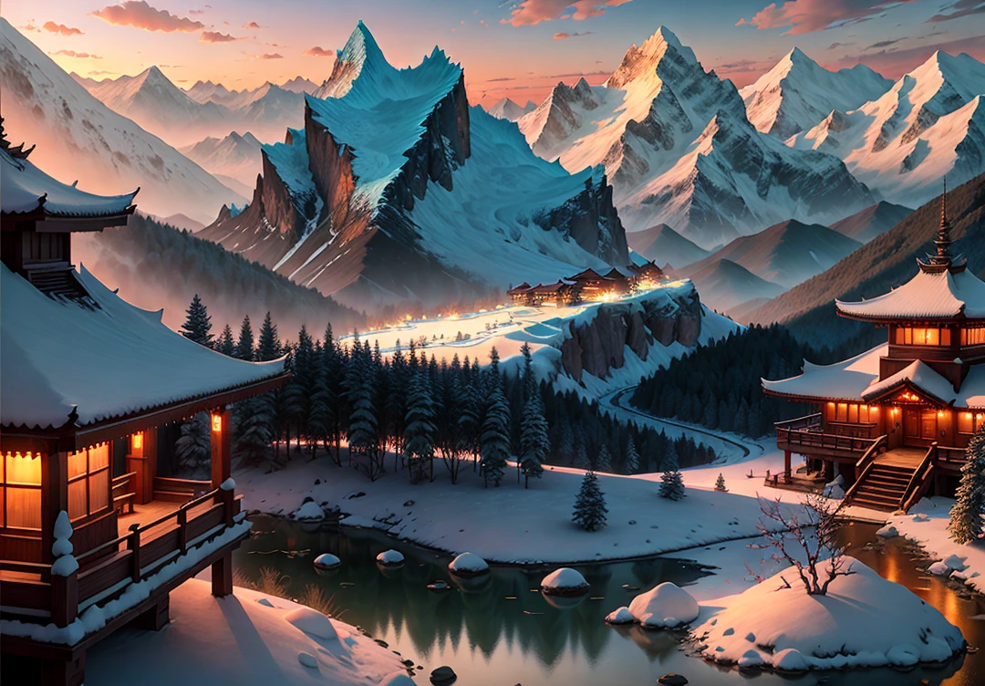 Shangri-La, Yunnan (Shangri-La's natural scenery includes snowy mountains, glaciers, valleys, forests, pines, meadows, and lakes; plum blossoms bloom nearby. (Beautiful, bright, safe, relaxing, remote, satisfying, quiet, harmonious; an ideal destination for people) is a masterpiece. Realistic 3D animation style, landscape concept art, 3D lighting, and beautiful movie lighting. There is plenty of sunshine and the views are breathtaking. Abundant details.