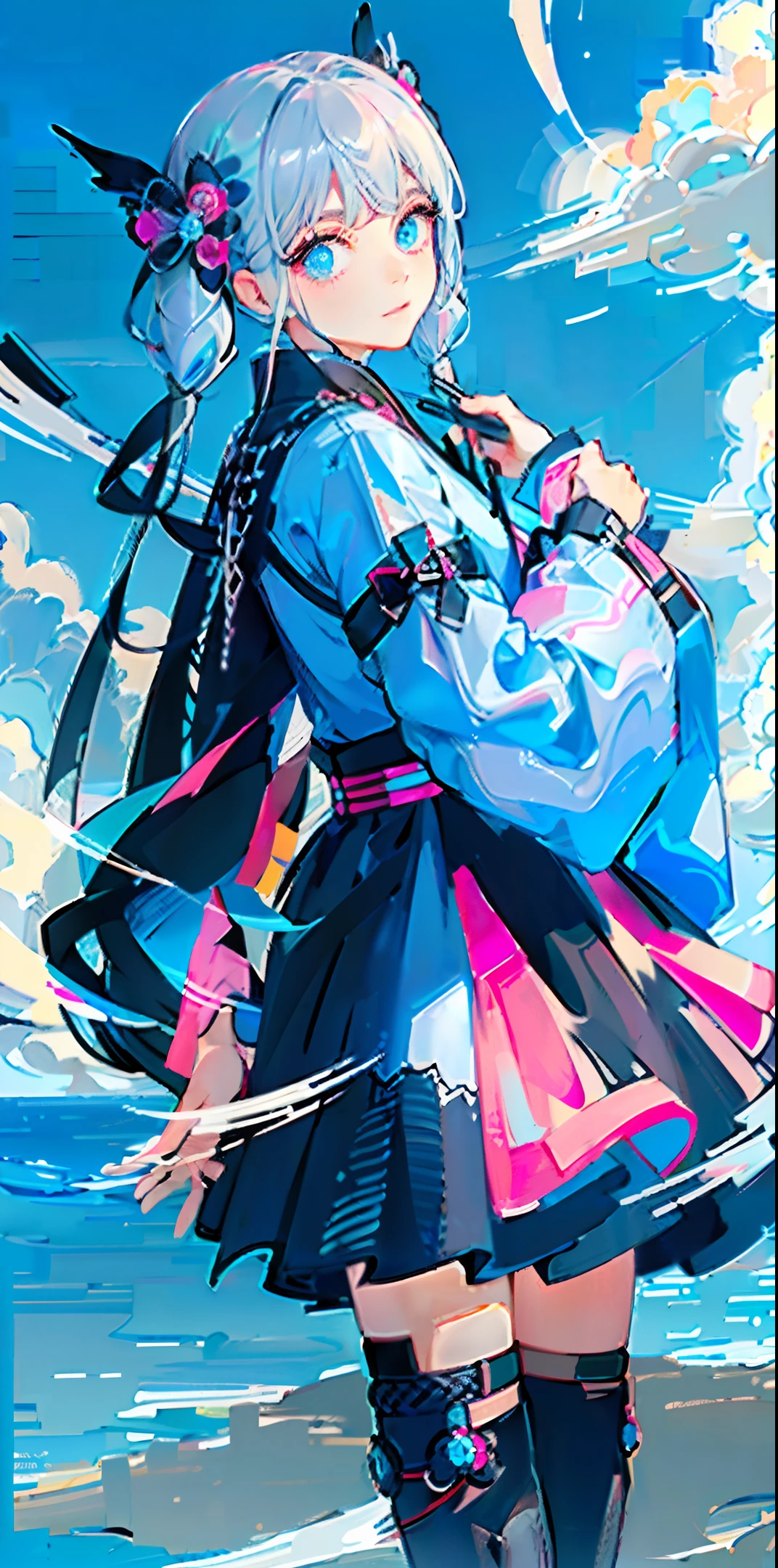 Two-pronged pigtails: black: half is black and pink, the other half is black mixed with sky blue), center part, close-up, dynamic composition, water, sky, universe, crystal, jewelry, masterpiece, delicate face, luxury, hanbok, hanok, cloud, woman