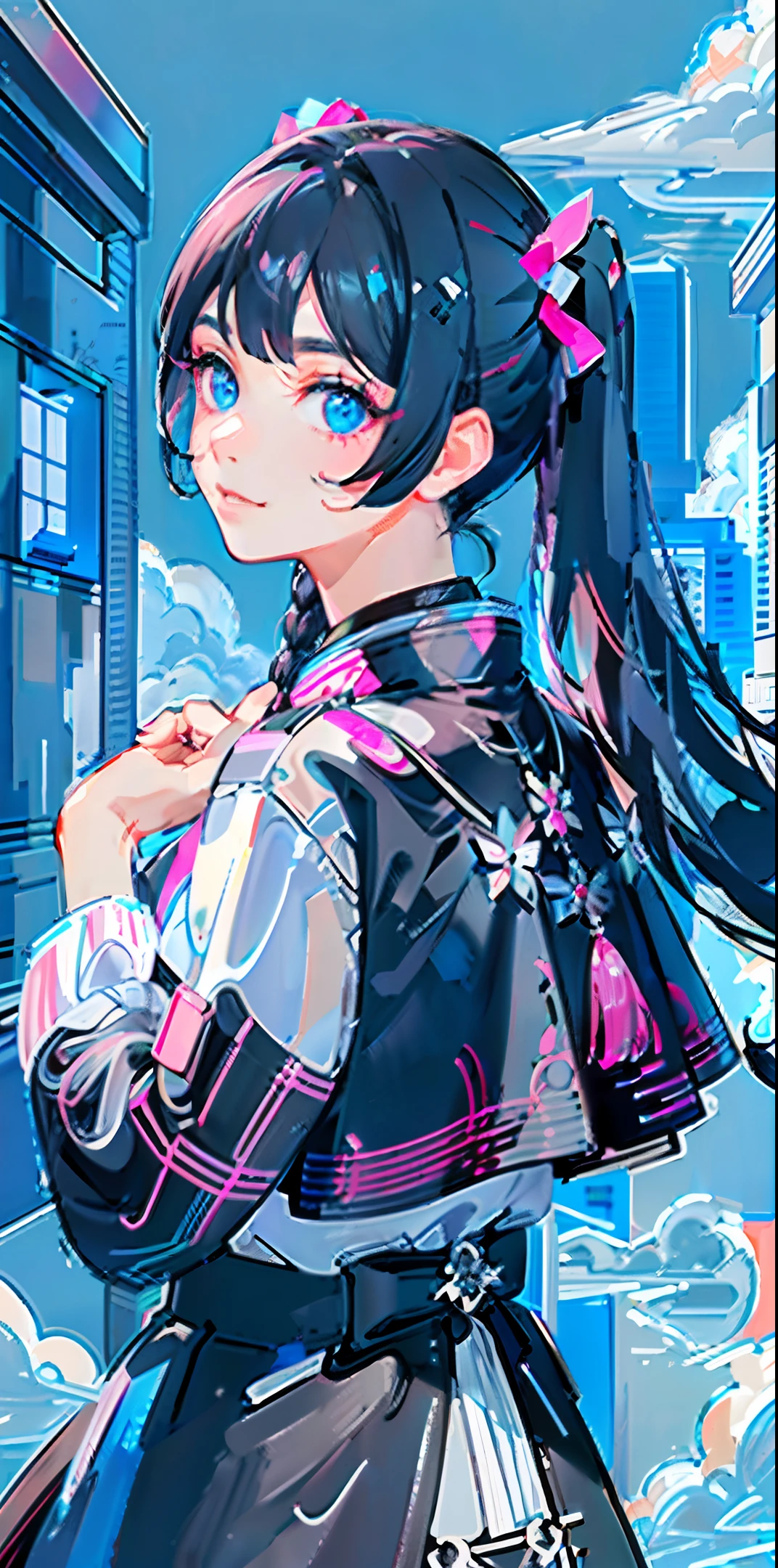Two-pronged pigtails: black: half is black and pink, the other half is black mixed with sky blue), center part, close-up, dynamic composition, water, sky, universe, crystal, jewelry, masterpiece, delicate face, luxury, hanbok, hanok, cloud, woman