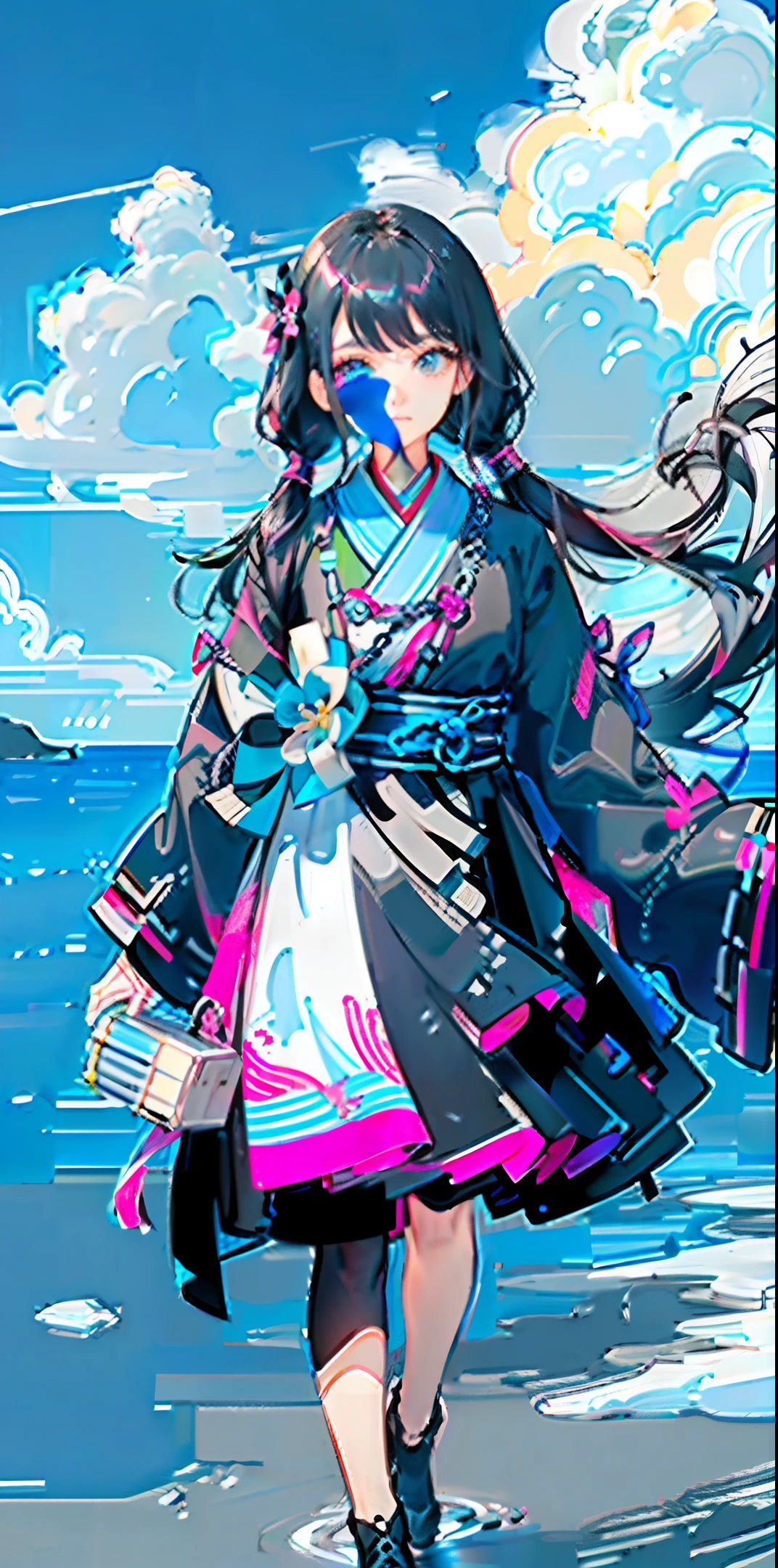 Two-pronged pigtails: black: half is black and pink, the other half is black mixed with sky blue), center part, close-up, dynamic composition, water, sea, sky, space, crystal, jewelry, masterpiece, delicate face, luxury, hanbok, hanok, traditional Korean house, oriental pattern, clouds