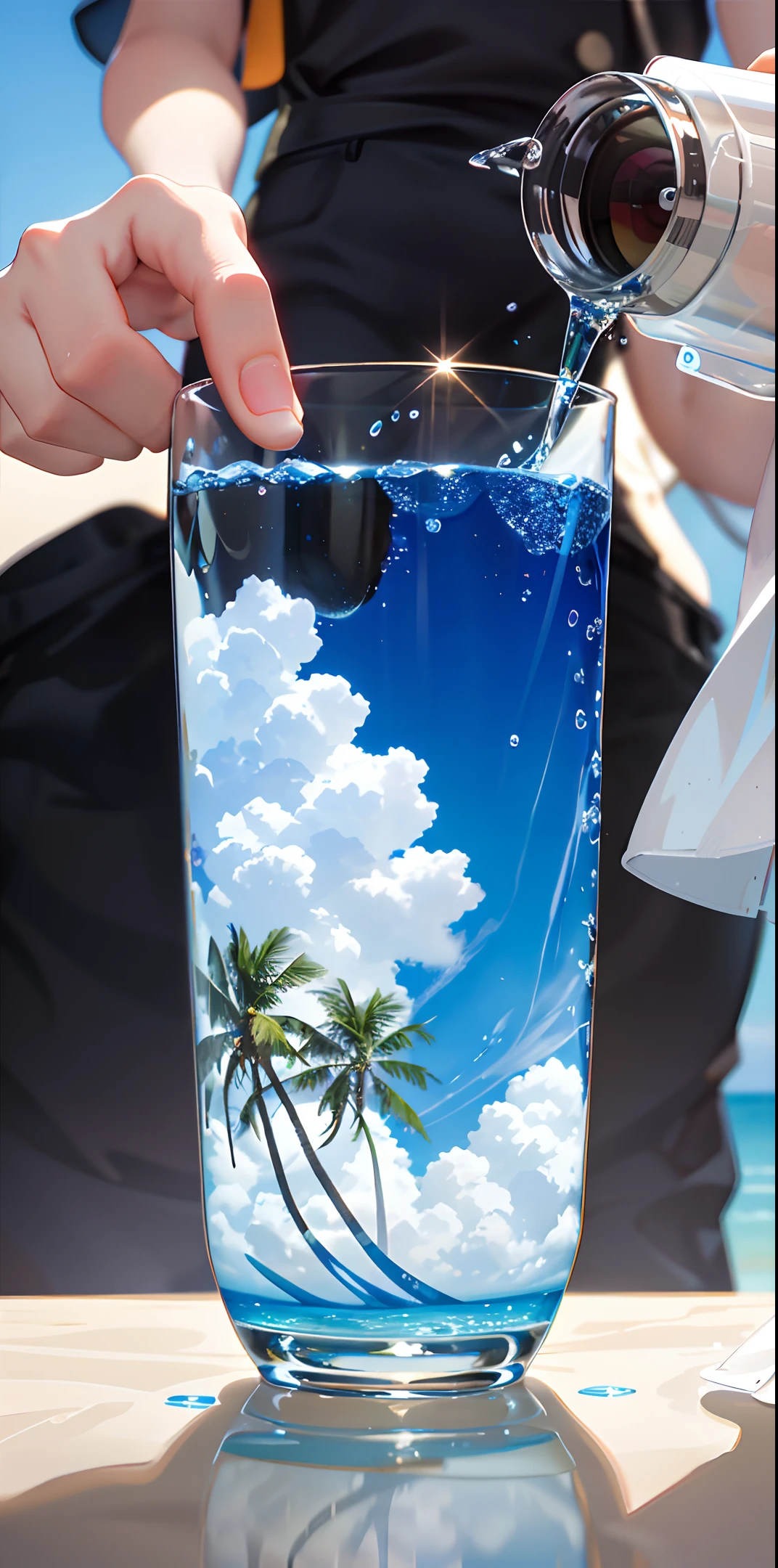 With the right hand, macro photography depicts a picnic scene themed on a summer tropical beach vacation. The protagonists of this picture are two cool glasses filled with iced carbonated drinks. The camera focuses on glasses, fruit, dazzling midday sunlight, fisheye footage, distant views, a hearty meal, (splashed liquid: 1.6), ice cubes, (picnic scene: 0.5) (lovely dessert: 0.4), dripping water. At the edge of the picture is the girl's glowing thighs, filled with carbonated drinks, translucent liquids, daytime outdoor lights (beach 1.5), tropical plants, hot weather, high-definition details, wet watermarks, ultra-detail, movies, surrealism, soft light, deep-field focused bokeh, light tracking, diffuse reflection (ultra-fine glass reflection), and surrealism.