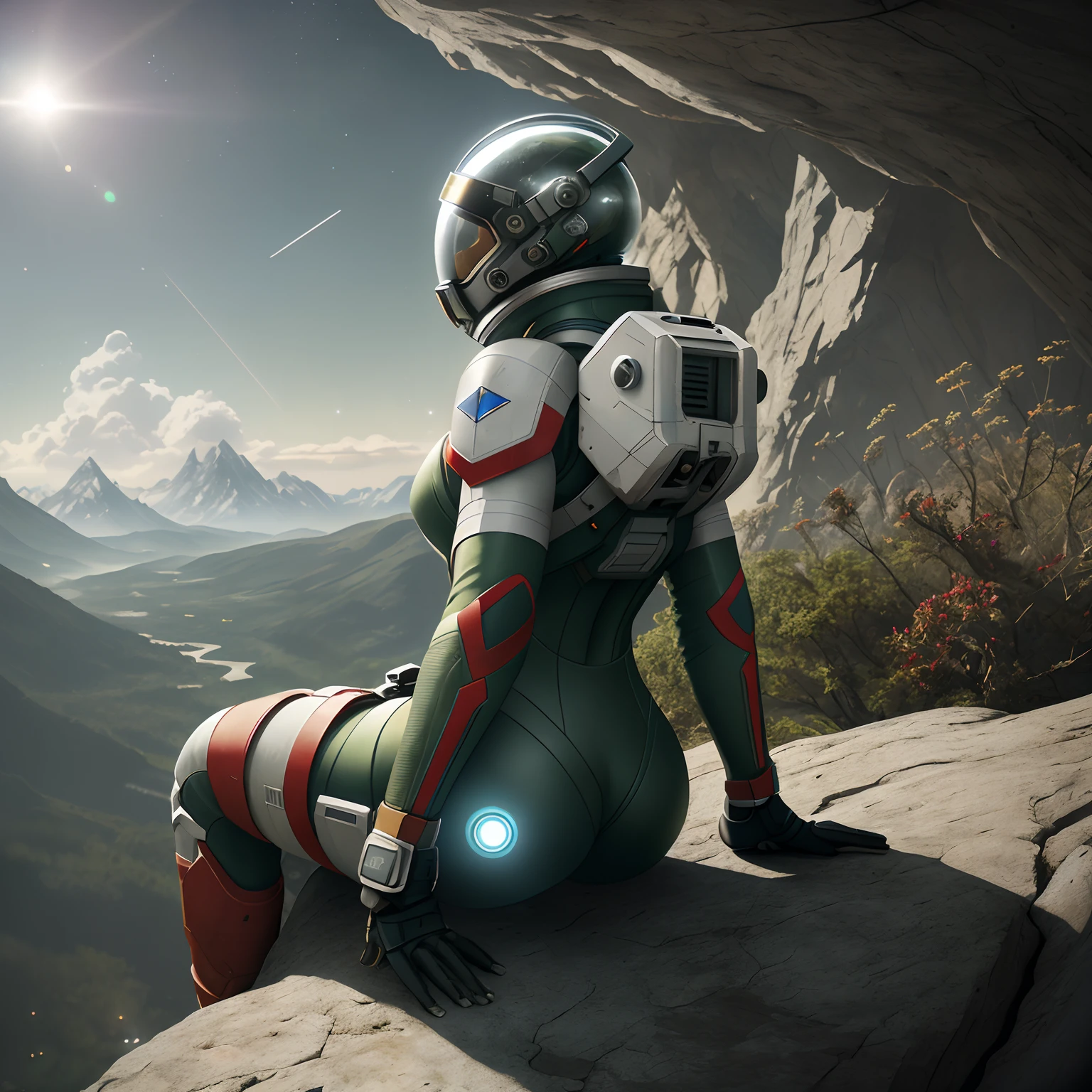 Highly detailed RAW color photo, rear view, full body, (astronaut in a white and red spacesuit, futuristic helmet, tinned mask, respirator, prominent loot), outdoors, (leaning on the edge of a rock and looking at advanced alien structures), on an exotic alien planet, a toned body, big ass, (sci-fi), (mountains: 1.1), (dense green vegetation), (two moons in the sky: 0.8), (very detailed, ultra-detailed, complex), (lens flare up), (very detailed, ultra-detailed, complex), (lens flare) 0.7), (Halo: 0.7), particle effects, ray tracing, movies Lighting, shallow depth of field, shot on Sony a9 II, 24mm wide-angle lens, sharp focus, movie film stilling from Gravity 2013