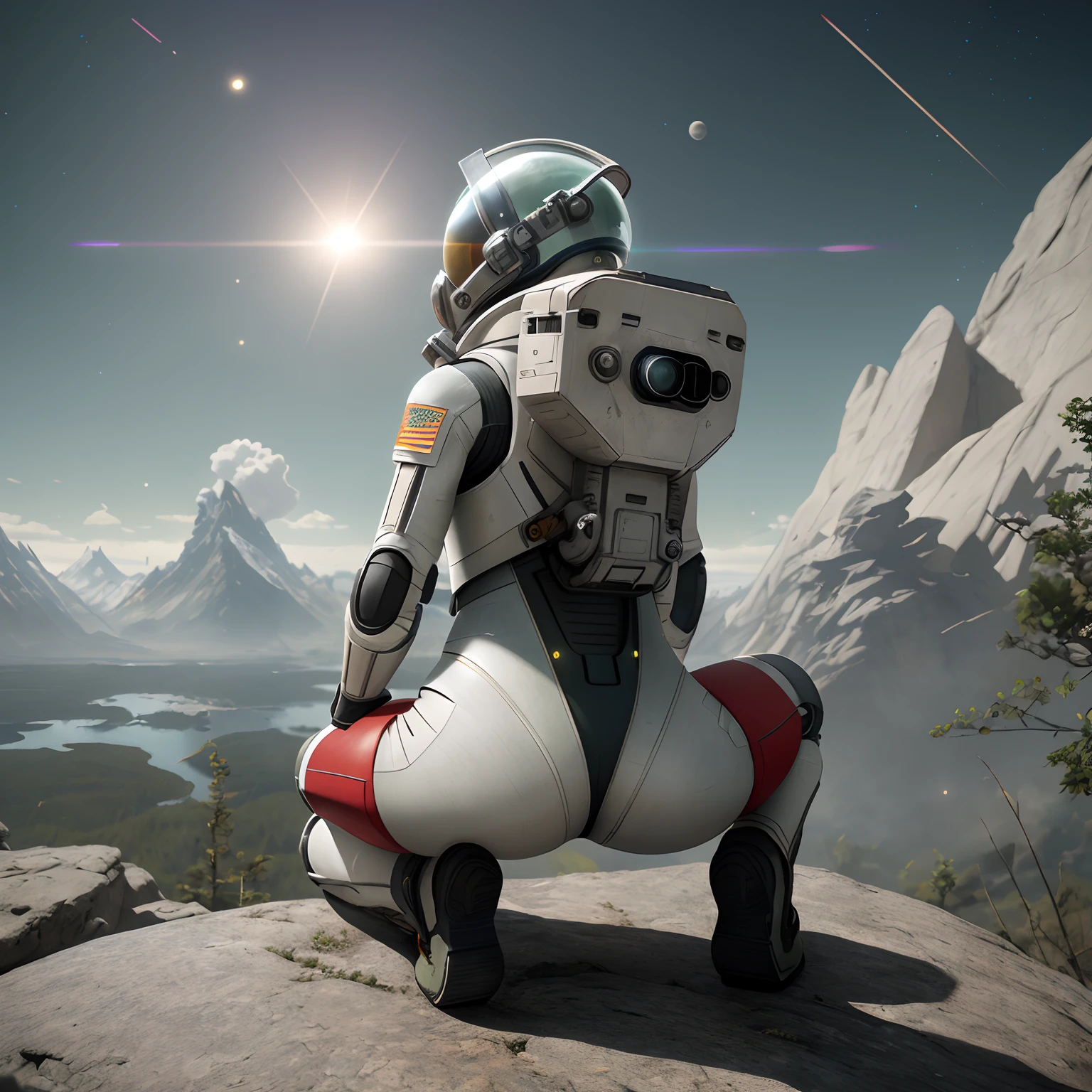 Highly detailed RAW color photo, rear view, full body, (astronaut in a white and red spacesuit, futuristic helmet, tinned mask, respirator, prominent loot), outdoors, (leaning on the edge of a rock and looking at advanced alien structures), on an exotic alien planet, a toned body, big ass, (sci-fi), (mountains: 1.1), (dense green vegetation), (two moons in the sky: 0.8), (very detailed, ultra-detailed, complex), (lens flare up), (very detailed, ultra-detailed, complex), (lens flare) 0.7), (Halo: 0.7), particle effects, ray tracing, movies Lighting, shallow depth of field, shot on Sony a9 II, 24mm wide-angle lens, sharp focus, movie film stilling from Gravity 2013