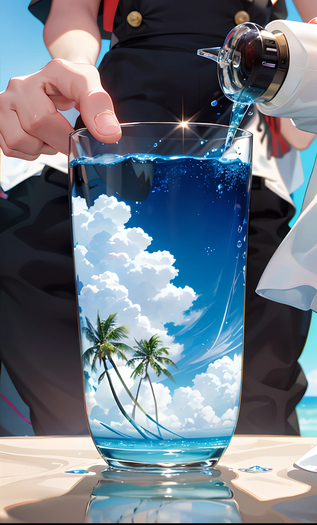Using the fingers of the right hand, macro photography depicts a picnic scene themed on a summer tropical beach vacation. The camera focuses on glasses, fruit, dazzling midday sunlight, fisheye footage, distant views, a hearty meal, (splashed liquid: 1.6), ice cubes, (picnic scene: 0.5) (lovely dessert: 0.4), dripping water. At the edge of the picture is the girl's glowing thighs, filled with carbonated drinks, translucent liquids, daytime outdoor lights (beach 1.5), tropical plants, hot weather, high-definition details, wet watermarks, ultra-detail, movies, surrealism, soft light, deep-field focused bokeh, light tracking, diffuse reflection (ultra-fine glass reflection), and surrealism.