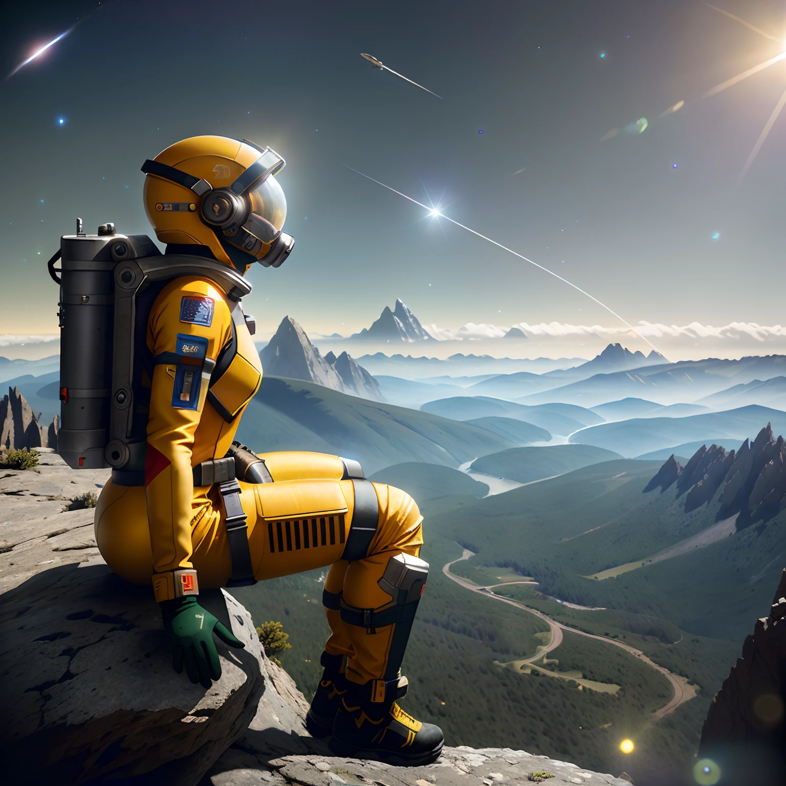 Very detailed RAW color photo, side view, full body, (astronaut in a yellow and red spacesuit, futuristic helmet, can mask, respirator, important loot), outdoors, (leaning on the edge of a rock to see advanced alien structures), a toned body on an exotic alien planet, (science fiction), (mountains: 1.1), (dense green forest), (two satellites) sky: 0.8), (very detailed, ultra-detailed, complex), (lens flare) up), (very detailed, ultra-detailed, complex), (lens flare) 0.7), (Halo: 0.7), particle effects, ray tracing, cinematic lighting, shallow depth of field, shot on Sony a9 II, 24 mm wide-angle lens, sharp focus, movie stills from Gravity 2013
