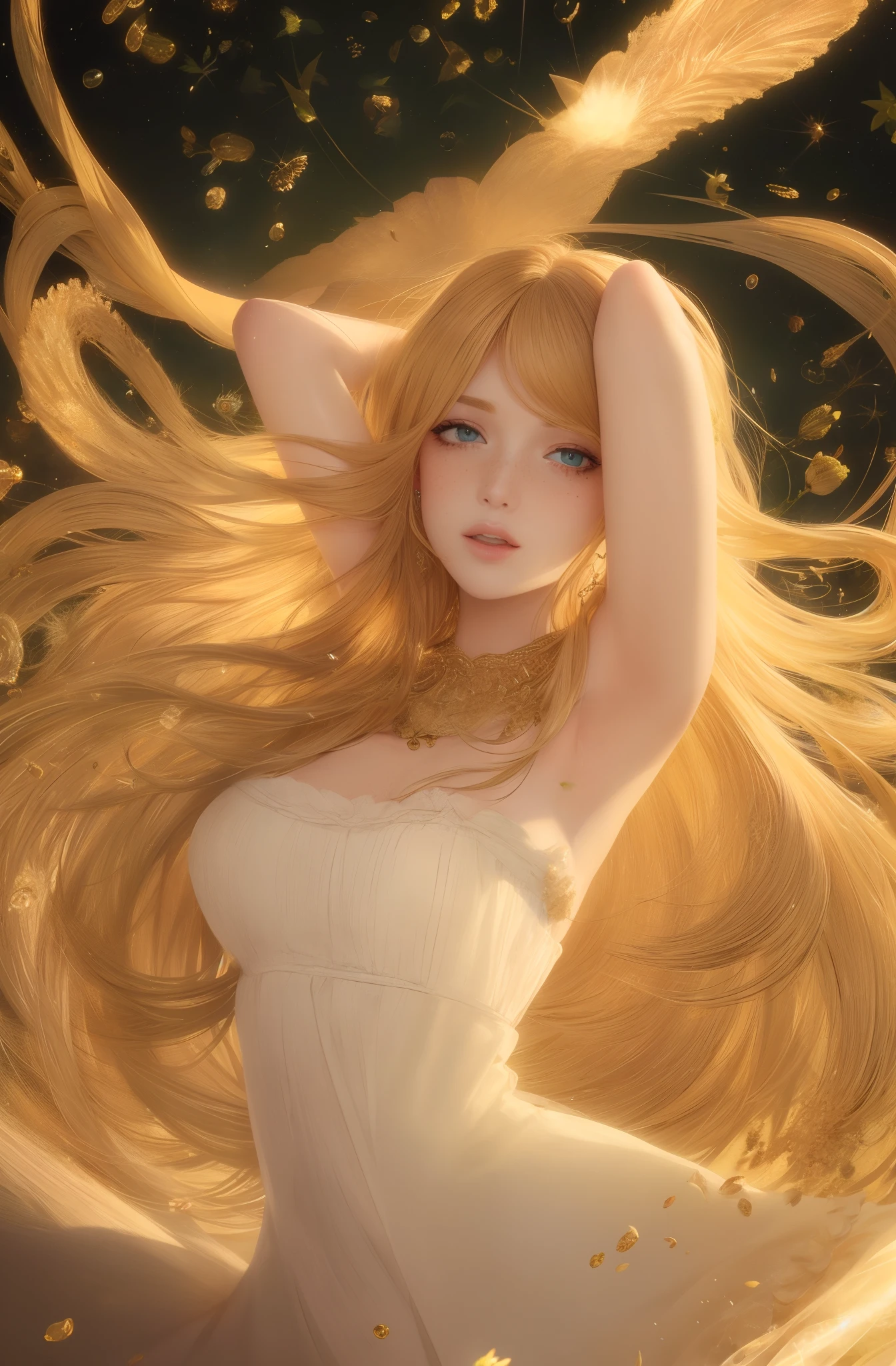 best quality, masterpiece, upper body,
woman, freckled face,
windblown blonde hair,
emerald eyes,
modern strapless dress
  