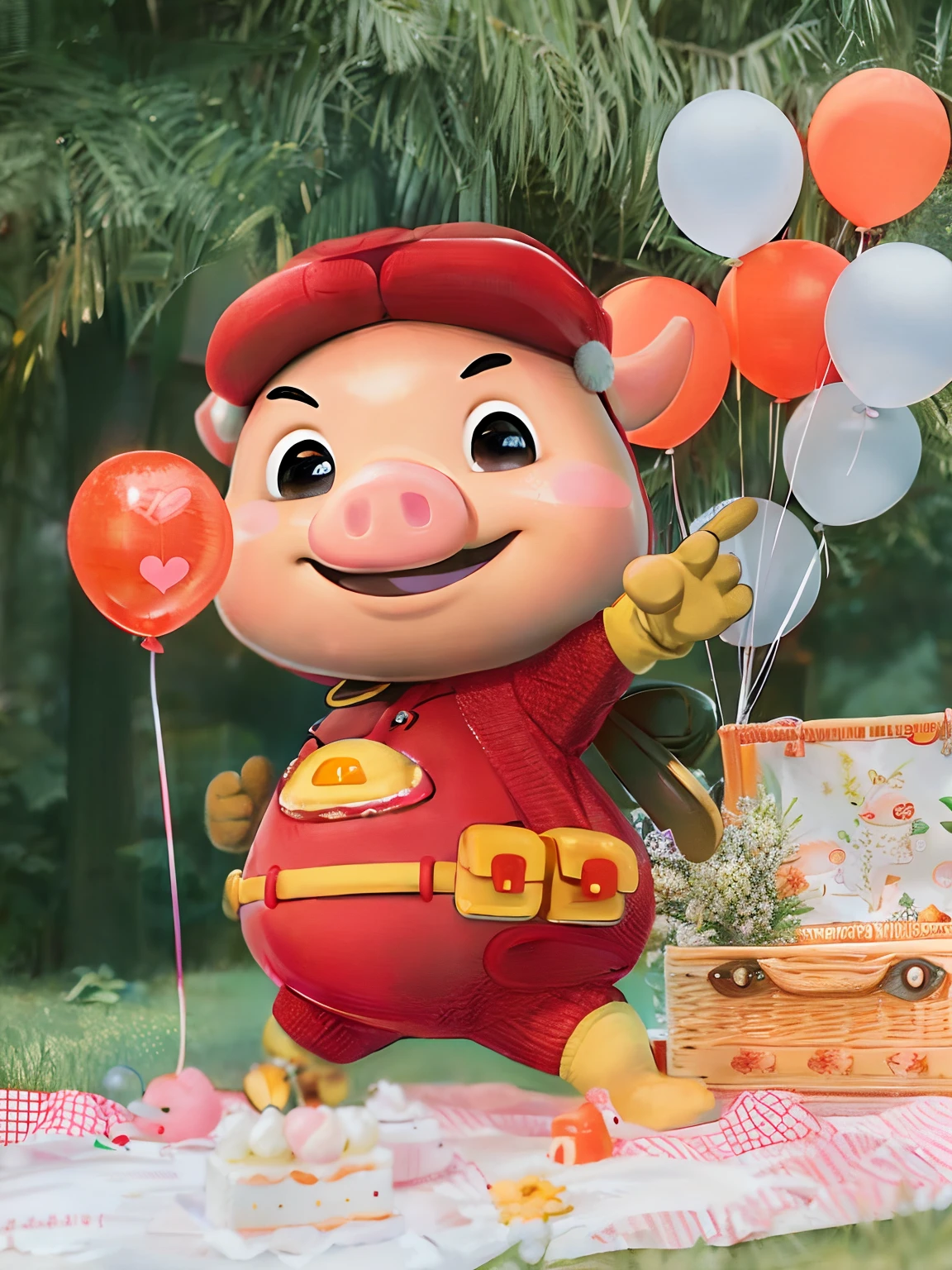 Cartoon style (GG Bond) pig nose, balloon, laughter, yellow belt, food