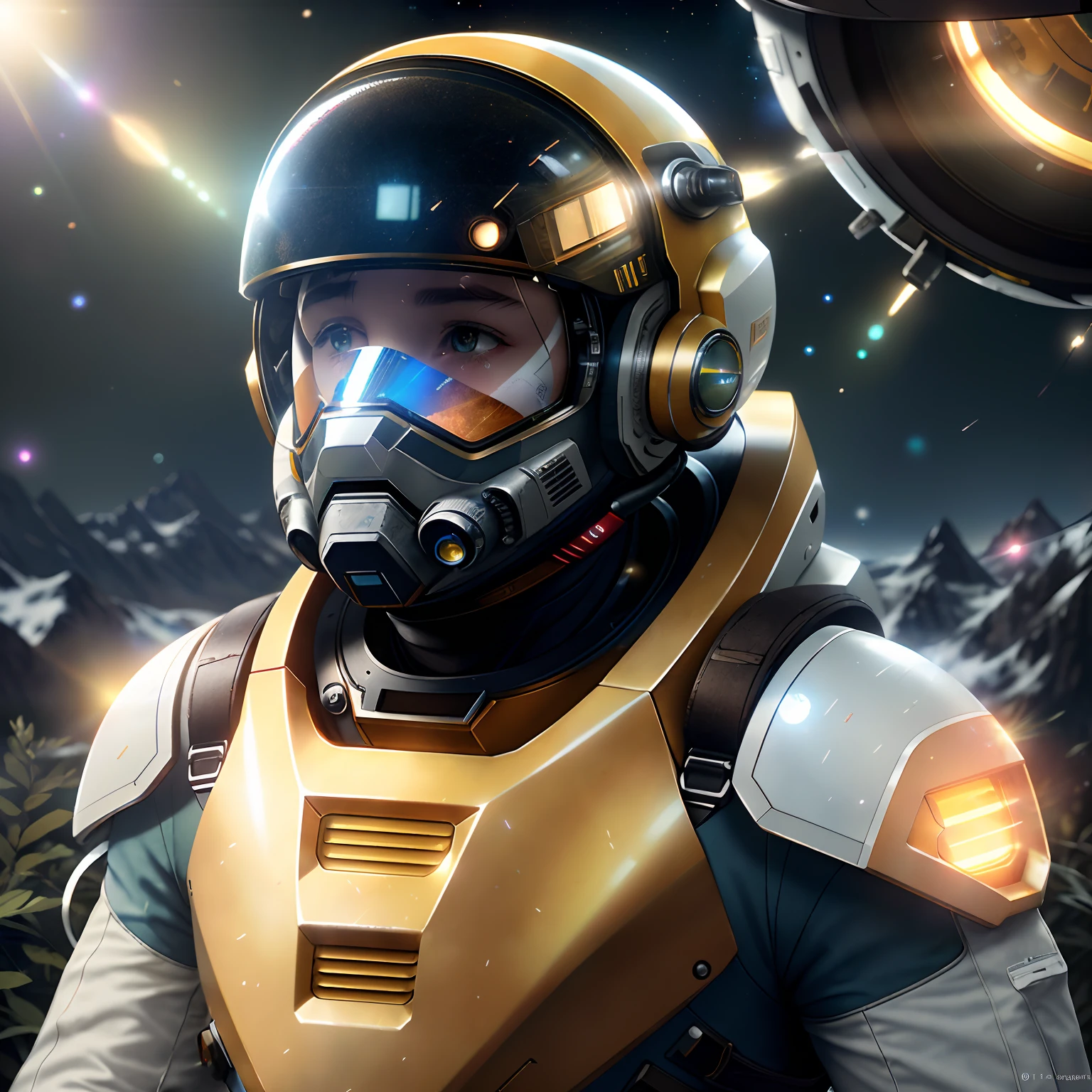 Very detailed RAW color photo, aerial view, full body, face down, (astronaut in a yellow and white spacesuit, futuristic helmet, can mask, respirator, important loot), suspended in the air, (science fiction), (mountains: 1.1), (dense green forest), (two satellites) sky: 0.8), (very detailed, complex), (lens flare) up), (very detailed, ultra-detailed, complex), (lens flare) up), (very detailed, ultra-detailed, complex), (lens flare)), (Halo: 0.7), particle effects, ray tracing, movie lighting, shallow depth of field, Lens on Sony a9 II, 24mm wide-angle lens, sharp focus, movie stills from Gravity 2013