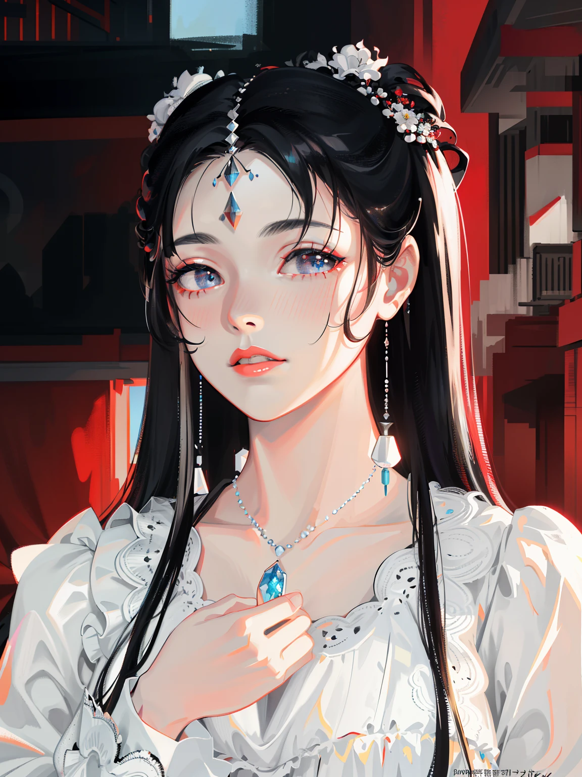 (masterpiece, monochrome, color: 1.0), (highest quality: 1.2), (super high quality: 1.1), masterpiece, best quality, (very detailed CG Unity 8k wallpaper), (high detail), (best illustration), (best shadow), realistic lighting, costume girl, girl portrait, gauze dress, jewelry, red lips, beautiful, big eyes,