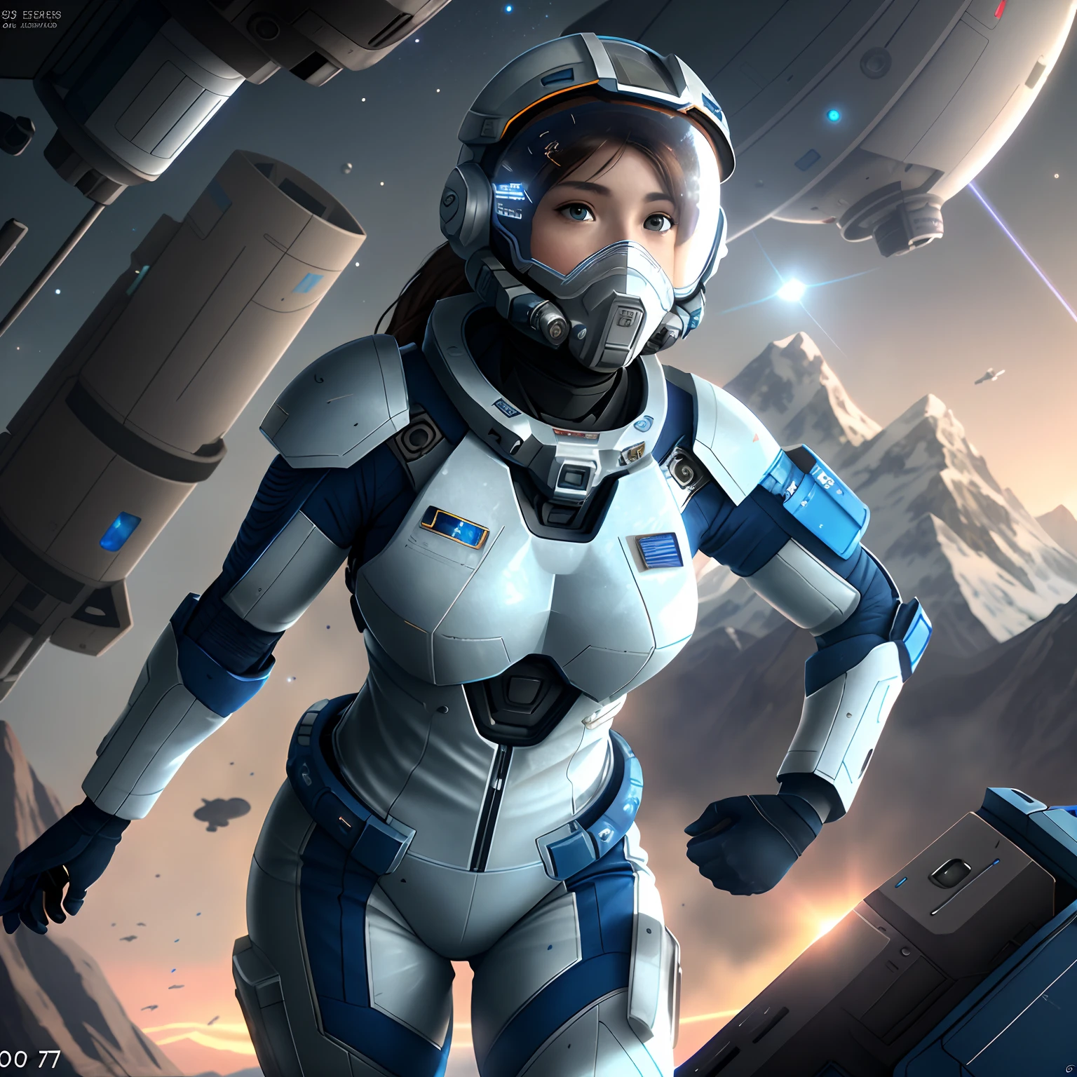 Very detailed RAW color photo, aerial view, full body, (female astronaut in a blue and white spacesuit, futuristic helmet, mask, respirator), female astronaut suspended in the air, sky, (science fiction), mountains (two satellites), sky: 0.8), (very detailed, complex), (lens flare), (very detailed, ultra-detailed, complex), (very detailed, ultra-detailed, complex), (Halo: 0.7), particle effects, ray tracking, movie lighting, Sony, deep view lens on a9 II, 24mm wide-angle lens, sharp focus, movie stills