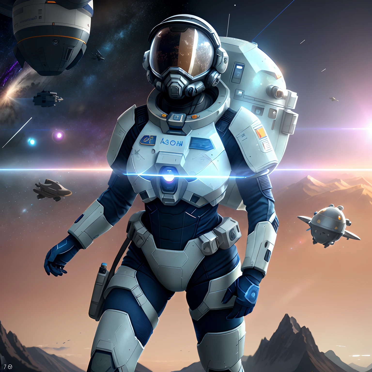 Very detailed RAW color photo, aerial view, full body, (female astronaut in a blue and white spacesuit, futuristic helmet, mask, respirator), female astronaut suspended in the air, sky, (science fiction), mountains (two satellites), sky: 0.8), (very detailed, complex), (lens flare), (very detailed, ultra-detailed, complex), (very detailed, ultra-detailed, complex), (Halo: 0.7), particle effects, ray tracking, movie lighting, Sony, deep view lens on a9 II, 24mm wide-angle lens, sharp focus, movie stills