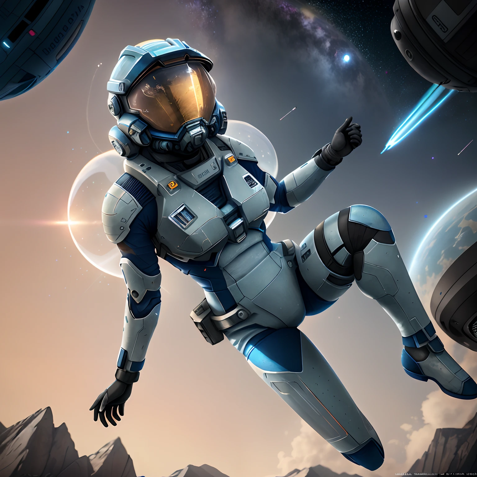 Very detailed RAW color photo, aerial view, full body, (female astronaut in a blue and white spacesuit, futuristic helmet, mask, respirator), female astronaut suspended in the air, sky, (science fiction), mountains (two satellites), sky: 0.8), (very detailed, complex), (lens flare), (very detailed, ultra-detailed, complex), (very detailed, ultra-detailed, complex), (Halo: 0.7), particle effects, ray tracking, movie lighting, Sony, deep view lens on a9 II, 24mm wide-angle lens, sharp focus, movie stills