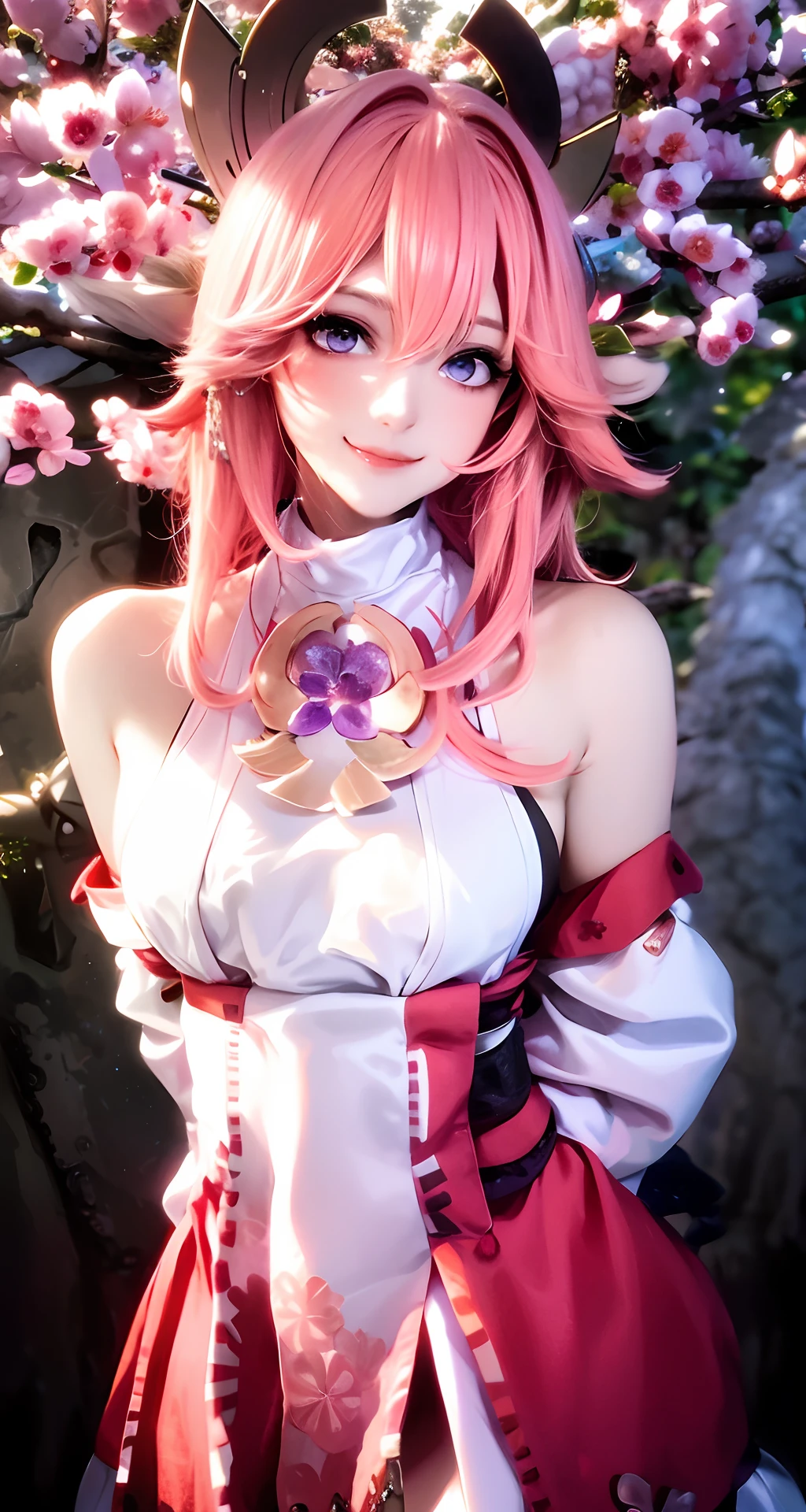 1girl, realistic, (looking at viewer:1), (ulzzang-6500:0.66), thighs, bare legs, dappled sunlight, best quality, ultra high res, (photorealistic:1.4), YaeMiko, fox ears, short hair, pink hair,  yae_sakura, jewelry, cherry blossoms, (smile:1), bare_shoulders, hair_ornament, purple_eyes,  
detached_sleeves, 
detailed eyes,
(light smile:1), 
(small breasts:1.4), 
(breasts out:1.4), 
(puffy,
arms behind back,