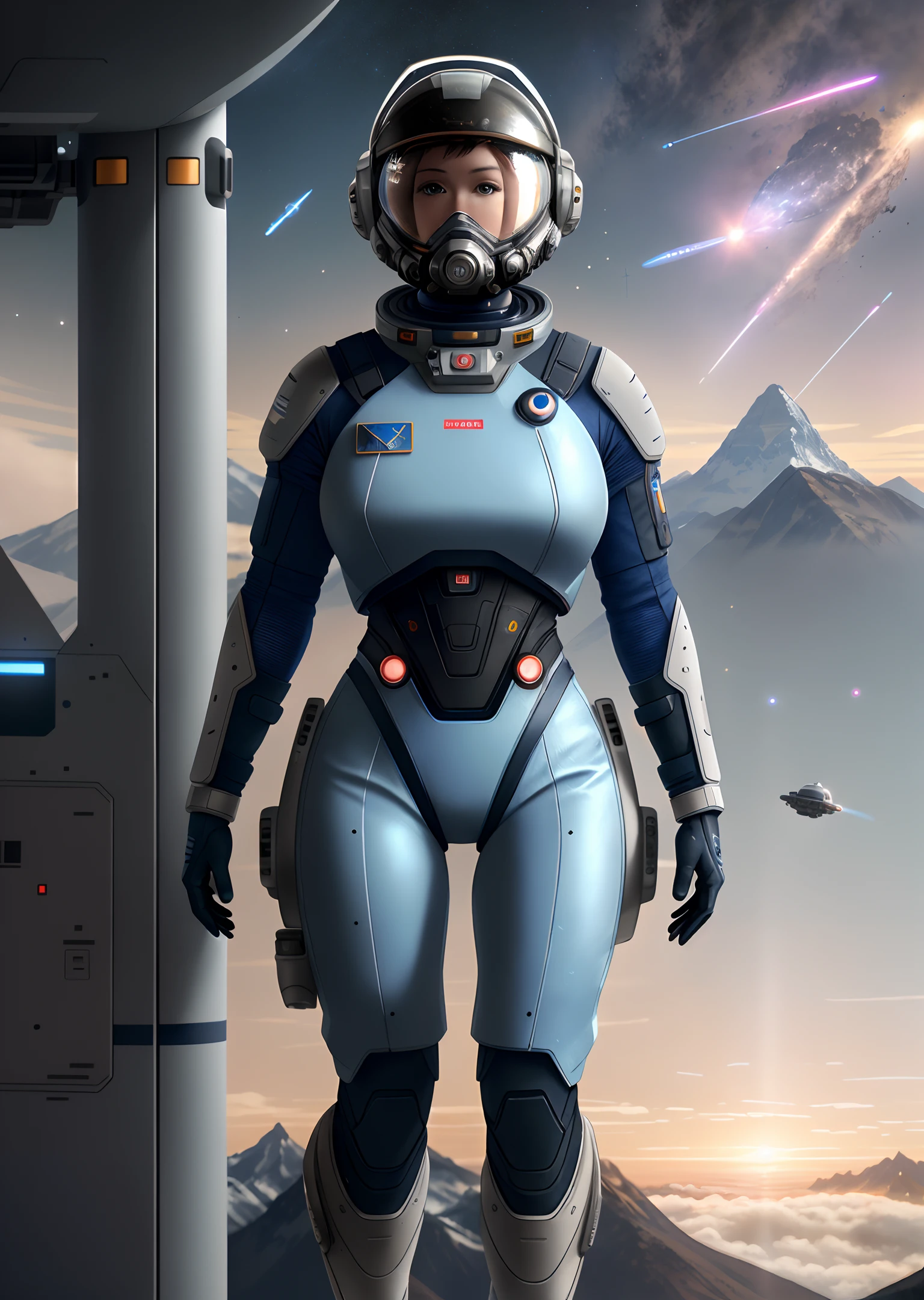 Very detailed RAW color photo, aerial view, full body, (female astronaut in a blue and white spacesuit, futuristic helmet, mask, respirator), female astronaut suspended in the air, sky, (science fiction), mountains (two satellites), (very detailed, complex), (very detailed, complex), (very detailed, complex), (Halo: 0.7), particle effects, light tracking, movie lighting, deep view lens on Sony, A9 II, 24 mm wide-angle lens, sharp focus, sharp focus Movie stills
