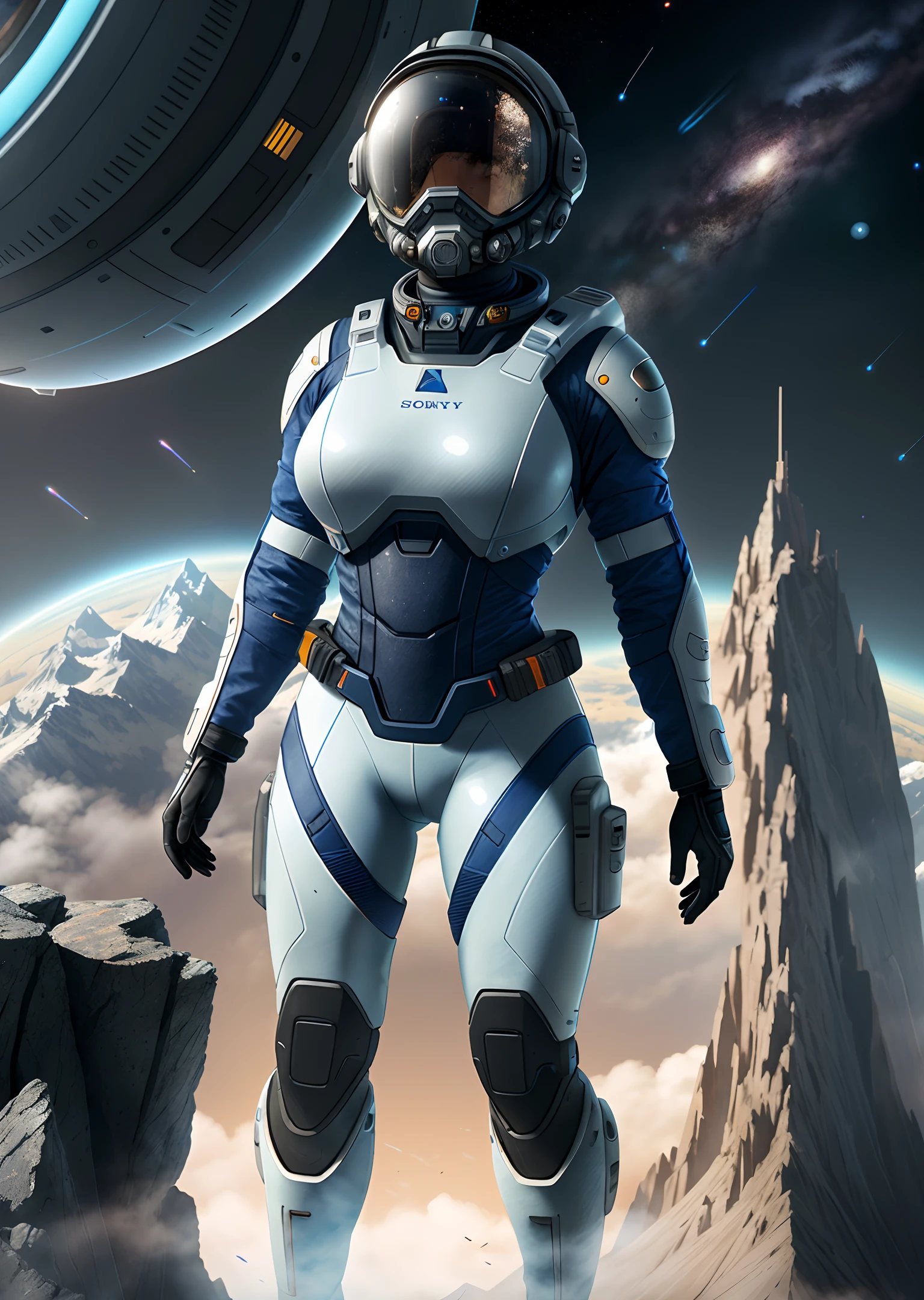 Very detailed RAW color photo, aerial view, full body, (female astronaut in a blue and white spacesuit, futuristic helmet, mask, respirator), female astronaut suspended in the air, sky, (science fiction), mountains (two satellites), (very detailed, complex), (very detailed, complex), (very detailed, complex), (Halo: 0.7), particle effects, light tracking, movie lighting, deep view lens on Sony, A9 II, 24 mm wide-angle lens, sharp focus, sharp focus Movie stills