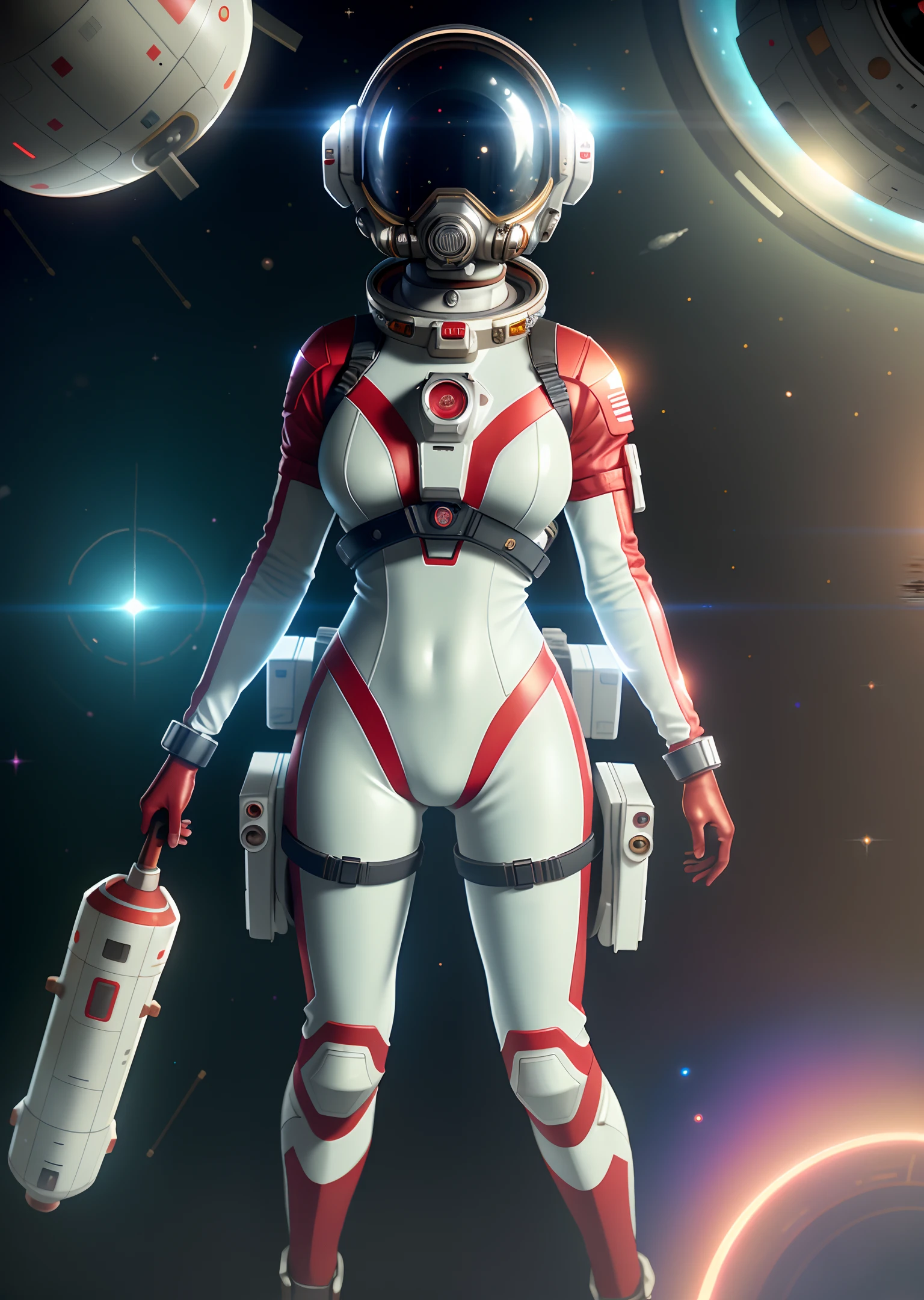 Very detailed RAW color photo, aerial view, full body, (female astronaut in a red and white spacesuit, futuristic helmet, mask, respirator), female astronaut suspended in space, space, (science fiction), (two satellites), (very detailed, complex), (very detailed, complex), (aura: 0.7), particle effects, light tracking, movie lighting, deep view, Sony lens, A9 II, 24 mm wide-angle lens, sharp focus, sharp focus, movie stills