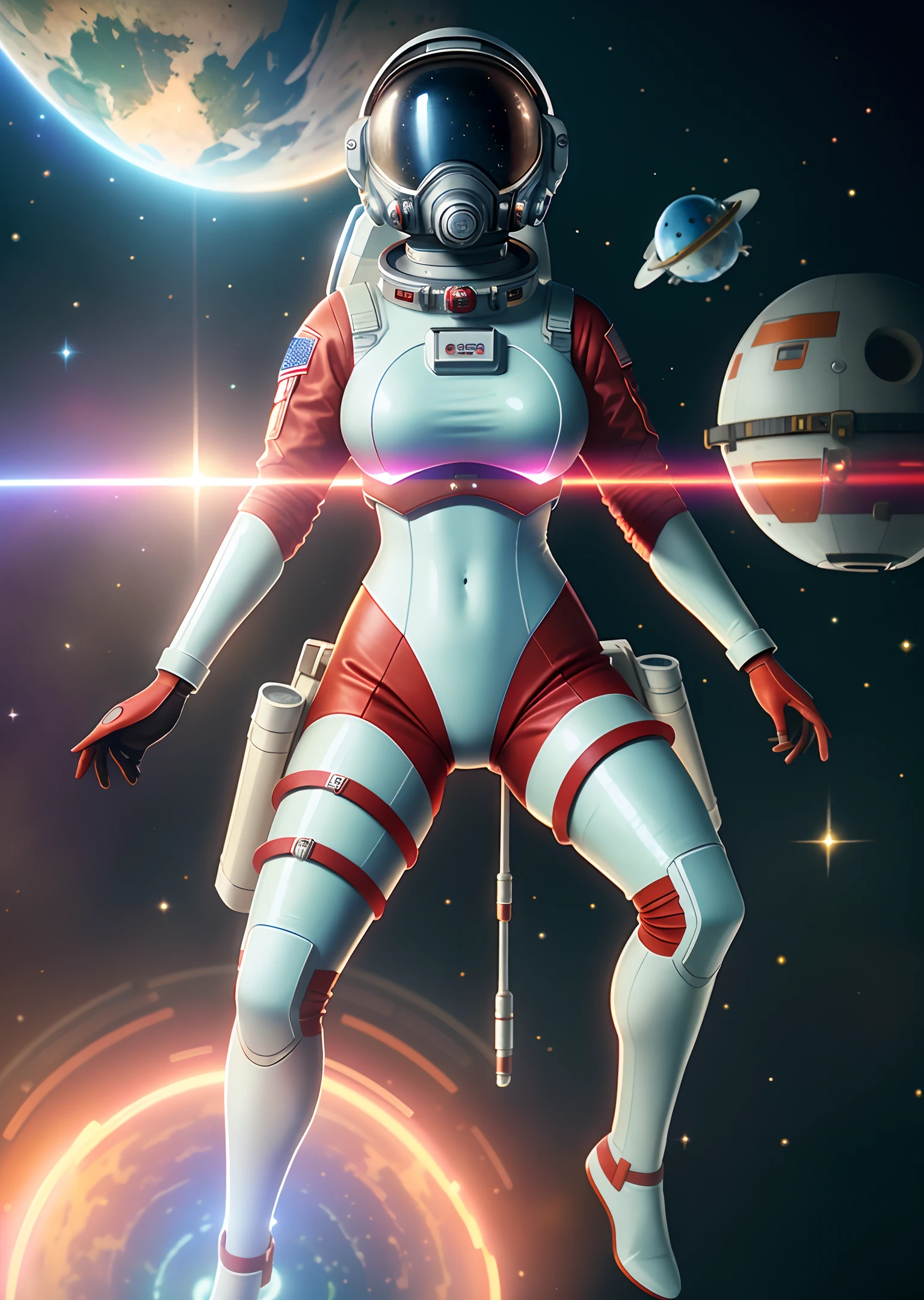 Very detailed RAW color photo, aerial view, full body, (female astronaut in a red and white spacesuit, futuristic helmet, mask, respirator), female astronaut suspended in space, space, (science fiction), (two satellites), (very detailed, complex), (very detailed, complex), (aura: 0.7), particle effects, light tracking, movie lighting, deep view, Sony lens, A9 II, 24 mm wide-angle lens, sharp focus, sharp focus, movie stills