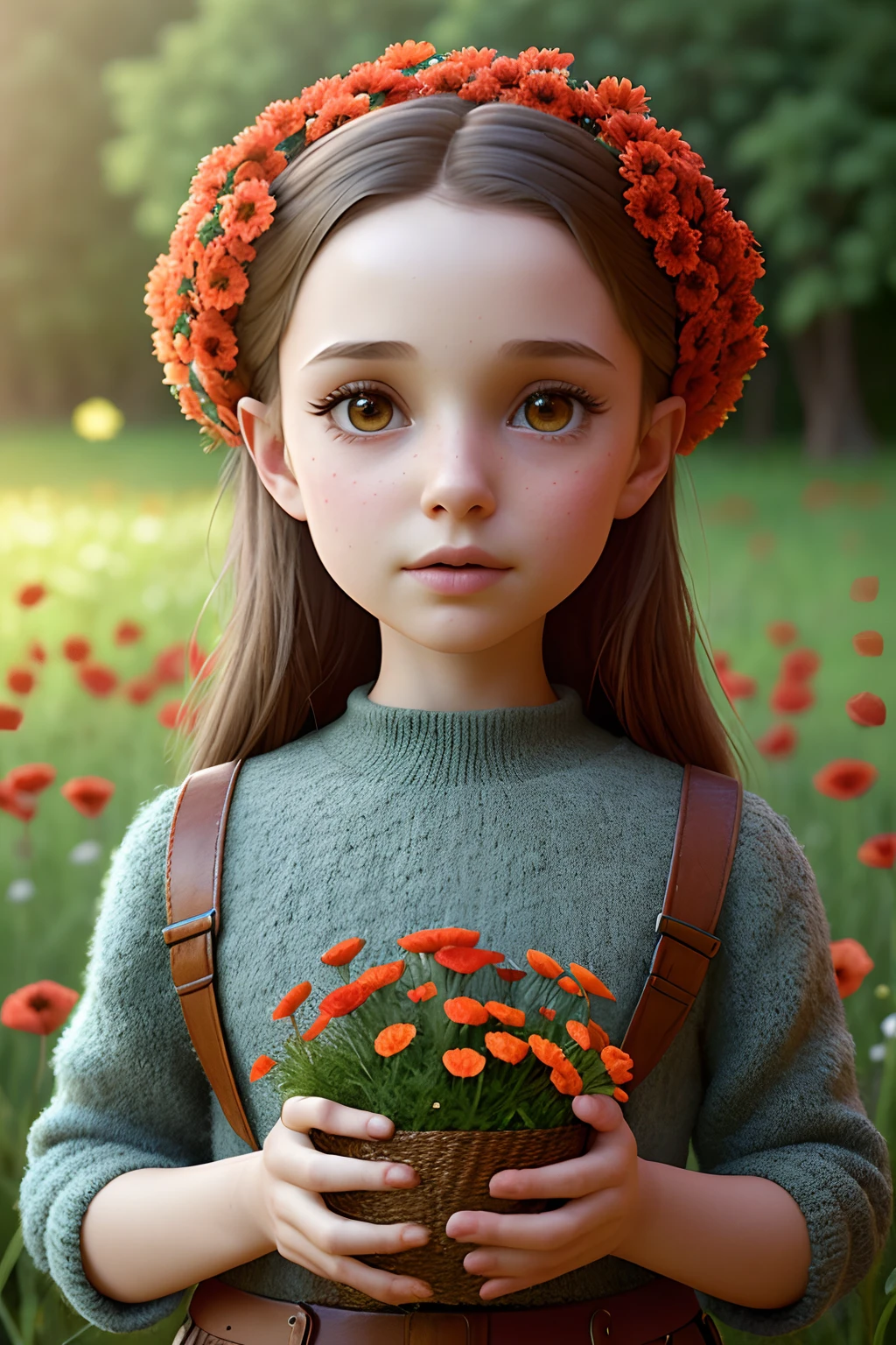 (pixarstyle: 1.25) portrait of a little girl, Natalie Portman, waist length with flower basket overgrown with poppy flower, natural skin texture, 4k textures, hdr, complex, highly detailed, sharp focus, cinematic look, hyper-detailed