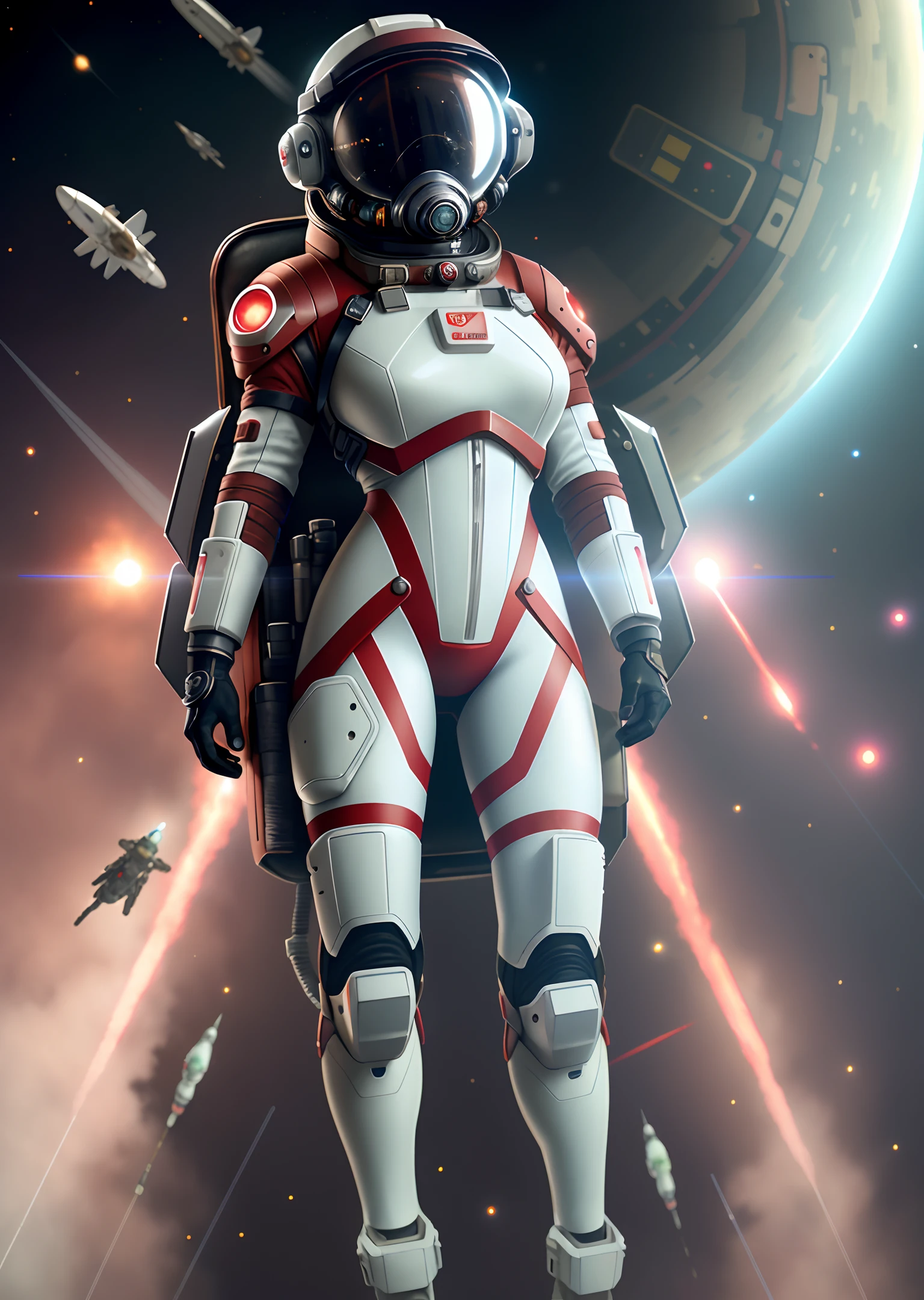 Very detailed RAW color photo, aerial view, full body, (female astronaut in a red and white spacesuit, futuristic helmet, mask, respirator), female astronaut suspended in space, space, (science fiction), (two satellites), (very detailed, complex), (very detailed, complex), (aura: 0.7), particle effects, light tracking, movie lighting, deep view, Sony lens, A9 II, 24 mm wide-angle lens, sharp focus, sharp focus, movie stills