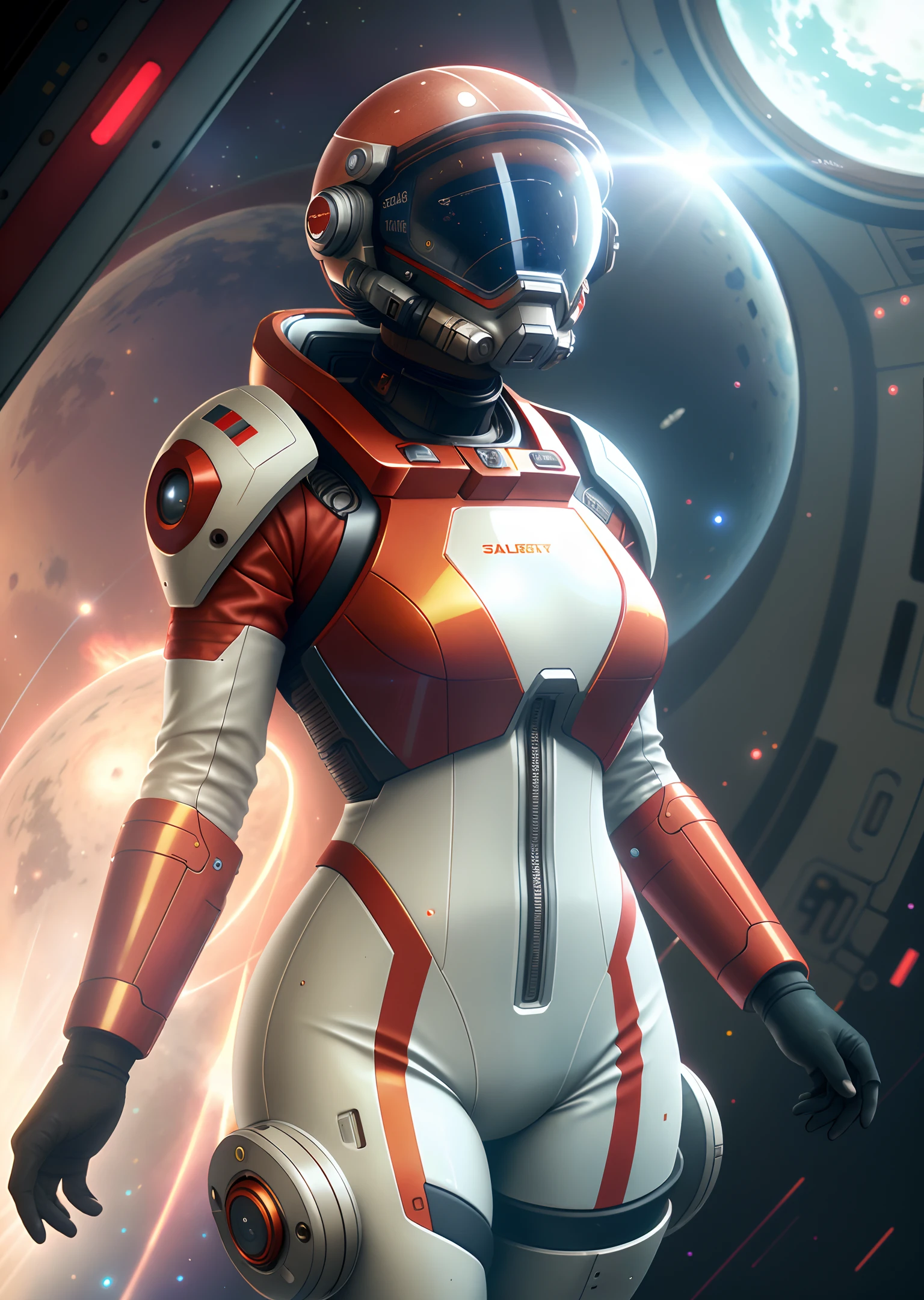 Very detailed RAW color photographs, (female astronaut in a red and white spacesuit, floating pose, arms and legs slack, futuristic helmet, mask, respirator), suspended in space, space, (science fiction), (two satellites), (very detailed, complex), (halo: 0.7), particle effects, light tracking, cinematic lighting, deep perspective, Sony lens, A9 II, 24 mm wide-angle lens, sharp focus, sharp focus, movie stills