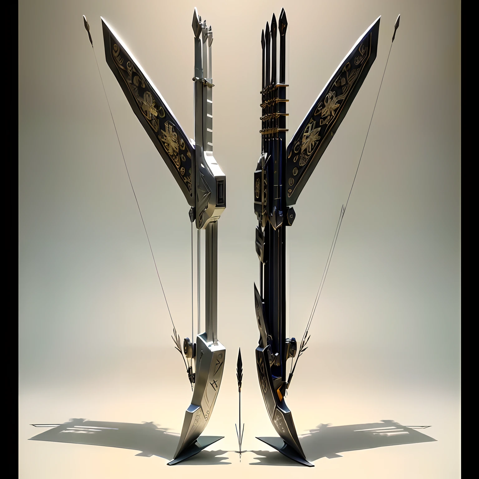 Weapon design tables, concept art, ((Crossbow)), silver decoration, totem, ((film)), (subtle lighting), (perfect shadows), (gorgeous), (perfect proportions), (intricate details)