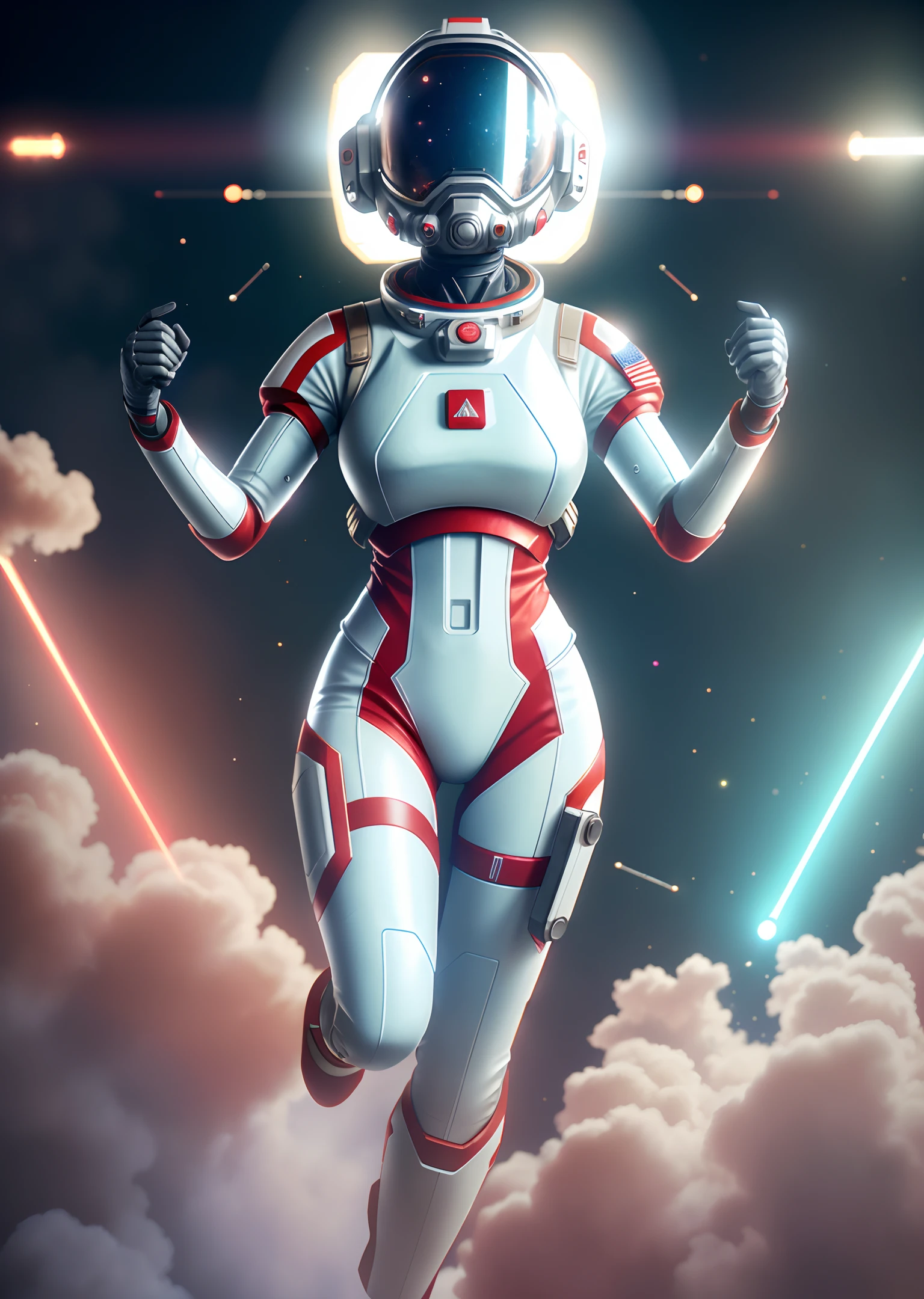 Very detailed RAW color photographs, (female astronaut in a red and white spacesuit, floating pose, arms and legs slack, futuristic helmet, mask, respirator), suspended in space, space, (science fiction), (two satellites), (very detailed, complex), (halo: 0.7), particle effects, light tracking, cinematic lighting, deep perspective, Sony lens, A9 II, 24 mm wide-angle lens, sharp focus, sharp focus, movie stills