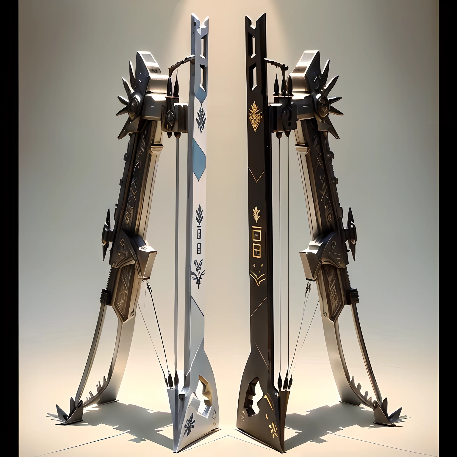Weapon design tables, concept art, ((Crossbow)), silver decoration, totem, ((film)), (subtle lighting), (perfect shadows), (gorgeous), (perfect proportions), (intricate details)