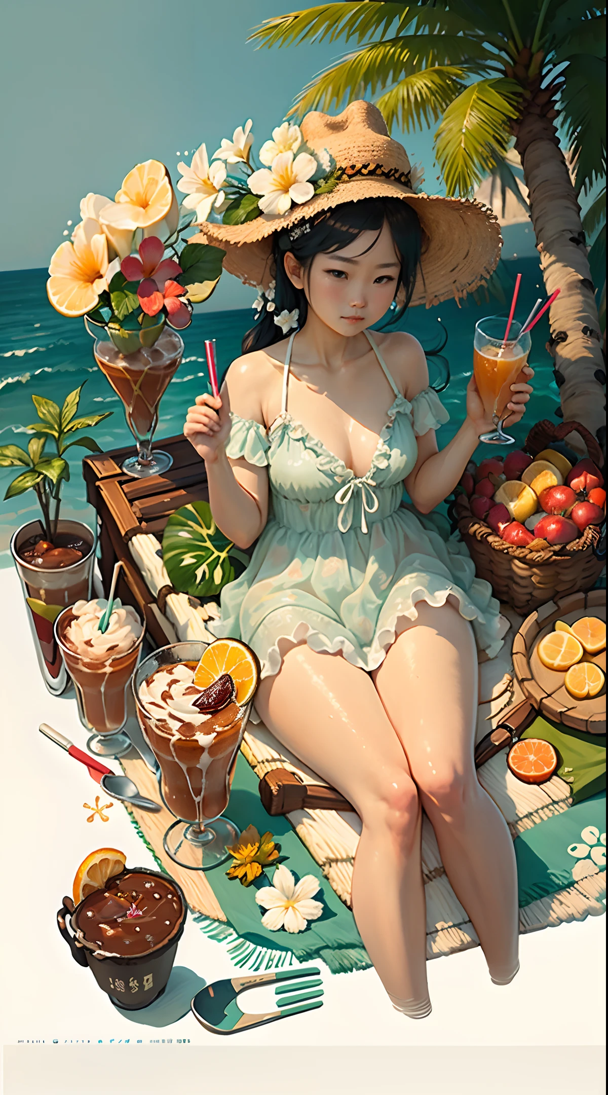 (Chinese beauty) A soft drink made from coconut juice, ice cubes, and coconut juice. Milky white changes to white. Very cool. Colored straws and ice cubes placed on green leaves, outdoors, clear blue sky, beautiful clouds, three-stage composition: a close-up view of a glass cup with a sandy beach in the middle, and a girl swimming among tropical plants. The view in the distance is the sea, the highest light, the highest quality, the sun at noon, diffuse reflection, surrealism. Macro photography depicts a picnic scene with the theme of a summer tropical beach vacation. The protagonists of this picture are two cool glasses filled with iced carbonated drinks. The camera focuses on glasses, fruit, dazzling midday sunlight, fisheye footage, distant views, a hearty meal, (splashed liquid: 1.6), ice cubes, (picnic scene: 0.5) (lovely dessert: 0.4), dripping water. The edge of the picture is the girl's glowing thighs, filled with coconut drinks, milky white liquid, daytime outdoor lights (beach 1.5), tropical plants, hot weather, high-definition details, wet watermarks, ultra-detail, movies, surrealism, soft light, deep-field focused bokeh, light tracking, diffuse reflection (ultra-fine glass reflection), and surrealism.