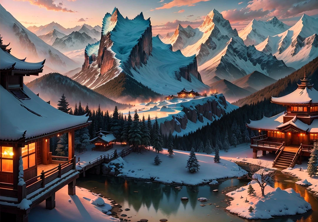 Shangri-La, Yunnan (Shangri-La's natural scenery includes snowy mountains, glaciers, valleys, forests, pines, meadows, and lakes; plum blossoms bloom nearby. (Beautiful, bright, safe, relaxing, remote, satisfying, quiet, harmonious; an ideal destination for people) is a masterpiece. The scenery is picturesque. Realistic 3D animation style, landscape concept art, 3D lighting, and beautiful movie lighting. The morning sun, plenty of sunshine, and scenery are breathtaking. Abundant details.