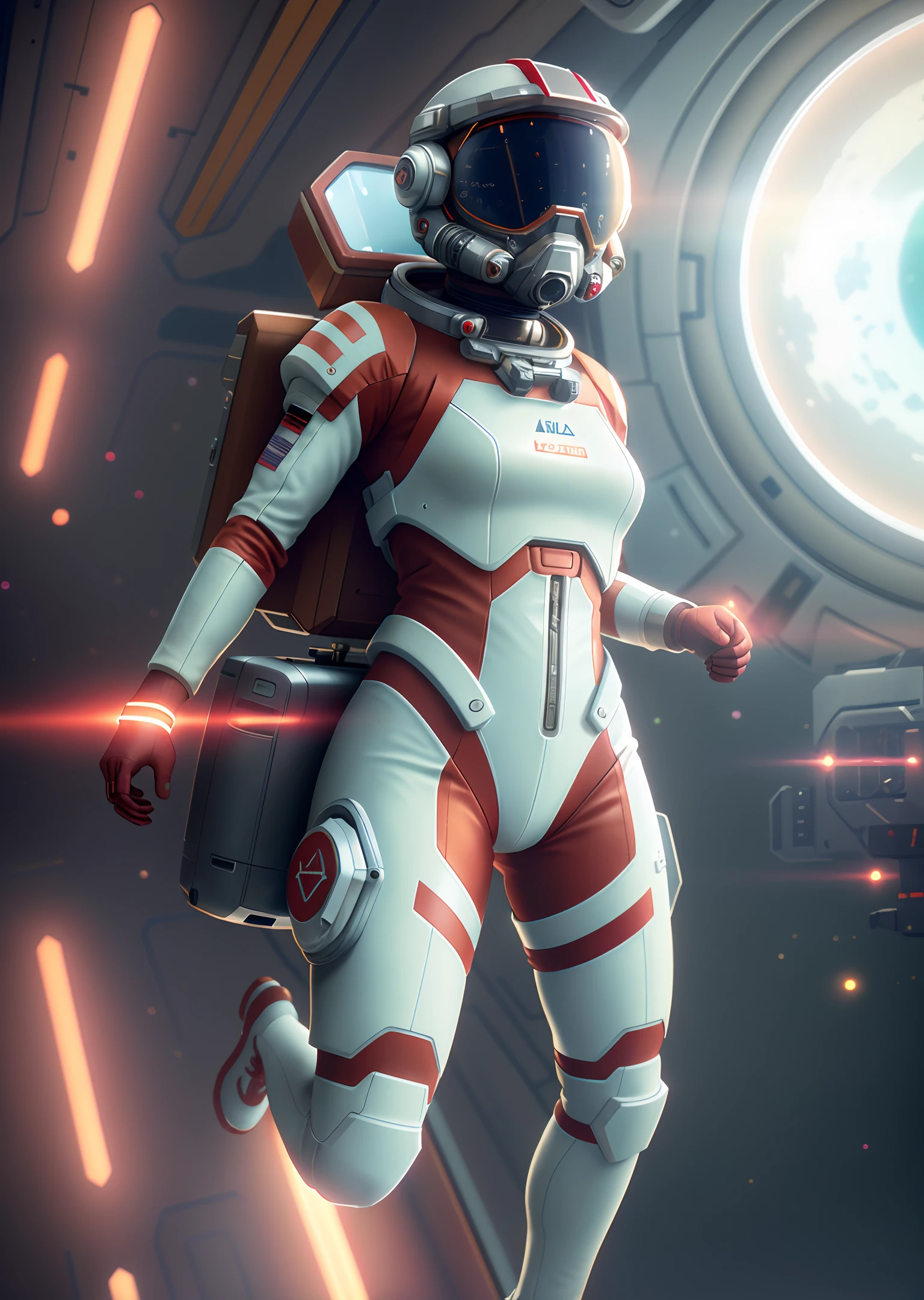Very detailed RAW color photographs, (female astronaut in a red and white spacesuit, floating pose, arms and legs slack, futuristic helmet, mask, respirator), suspended in space, space, (science fiction), (two satellites), (very detailed, complex), (halo: 0.7), particle effects, ray tracing, cinematic lighting, depth perspective, Sony lens, A9 II, 24 mm wide-angle lens, sharp lens focus, sharp focus, movie stills