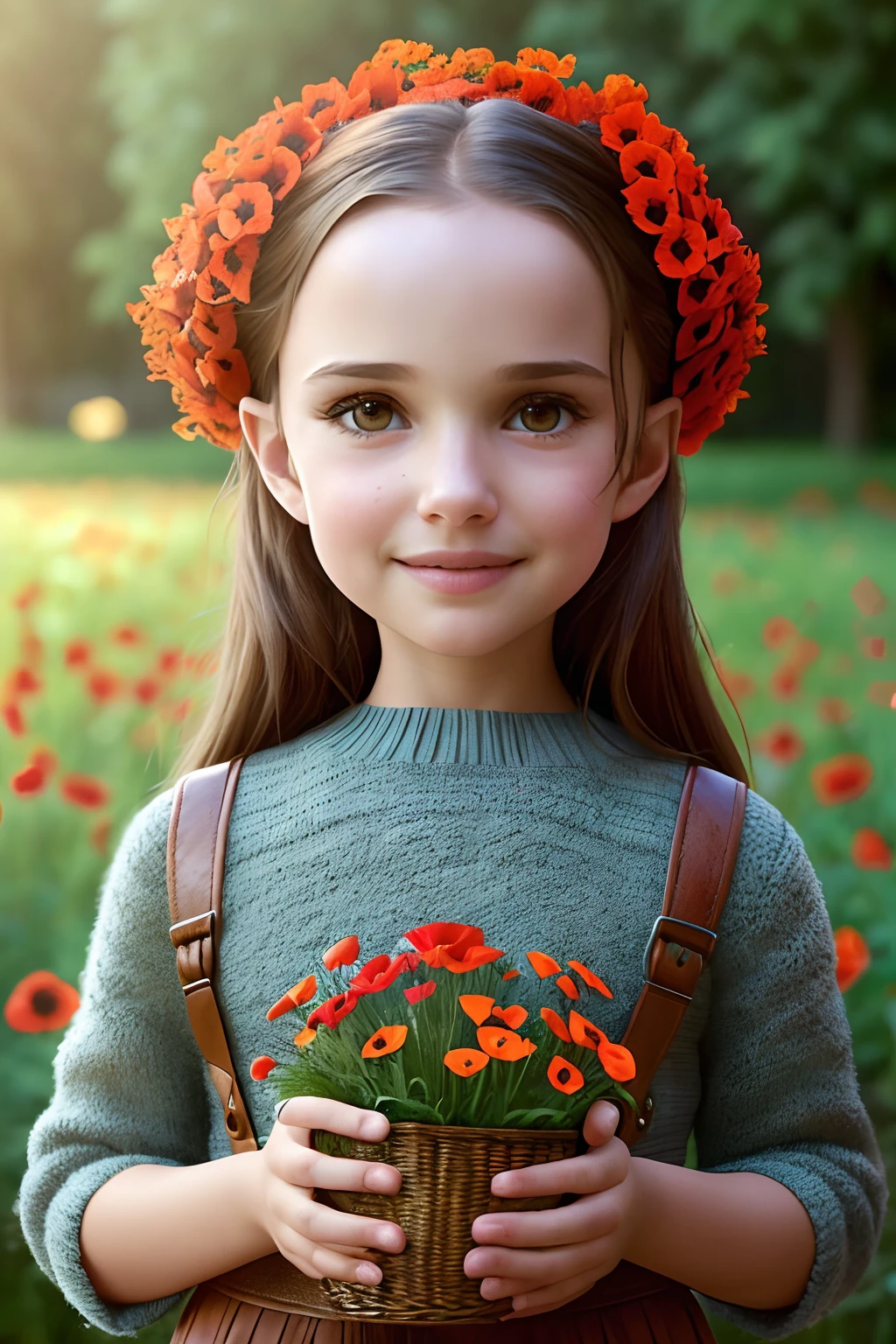 (pixarstyle: 1.25) portrait of a girl, Natalie Portman, smiles, waist length with flower basket overgrown with poppy flower, natural skin texture, 4k textures, hdr, complex, highly detailed, sharp focus, cinematic look, hyper-detailed
