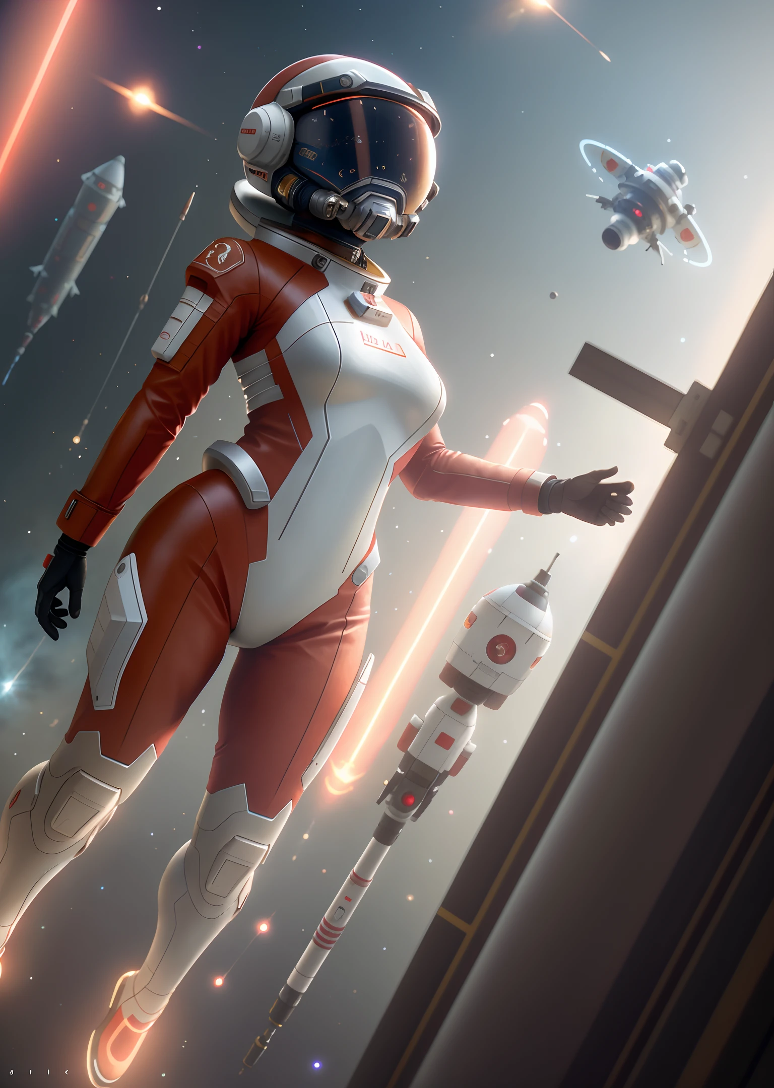 Very detailed RAW color photographs, (female astronaut in a red and white spacesuit, floating pose, arms and legs slack, futuristic helmet, mask, respirator), suspended in space, space, (science fiction), (two satellites), (very detailed, complex), (halo: 0.7), particle effects, ray tracing, cinematic lighting, depth perspective, Sony lens, A9 II, 24 mm wide-angle lens, sharp lens focus, sharp focus, movie stills