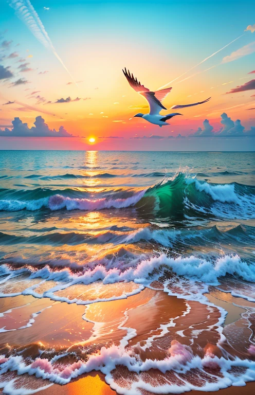 An absolutely mesmerizing sunset on the beach, with a mix of orange, pink, and yellow in the sky. The water is crystal clear, gently kisses the coast, and the white sand is endless. The scene is dynamic and breathtaking, with seagulls soaring high in the sky and palm trees swaying softly. Immerse yourself in the calm atmosphere and let the serenity surround you.